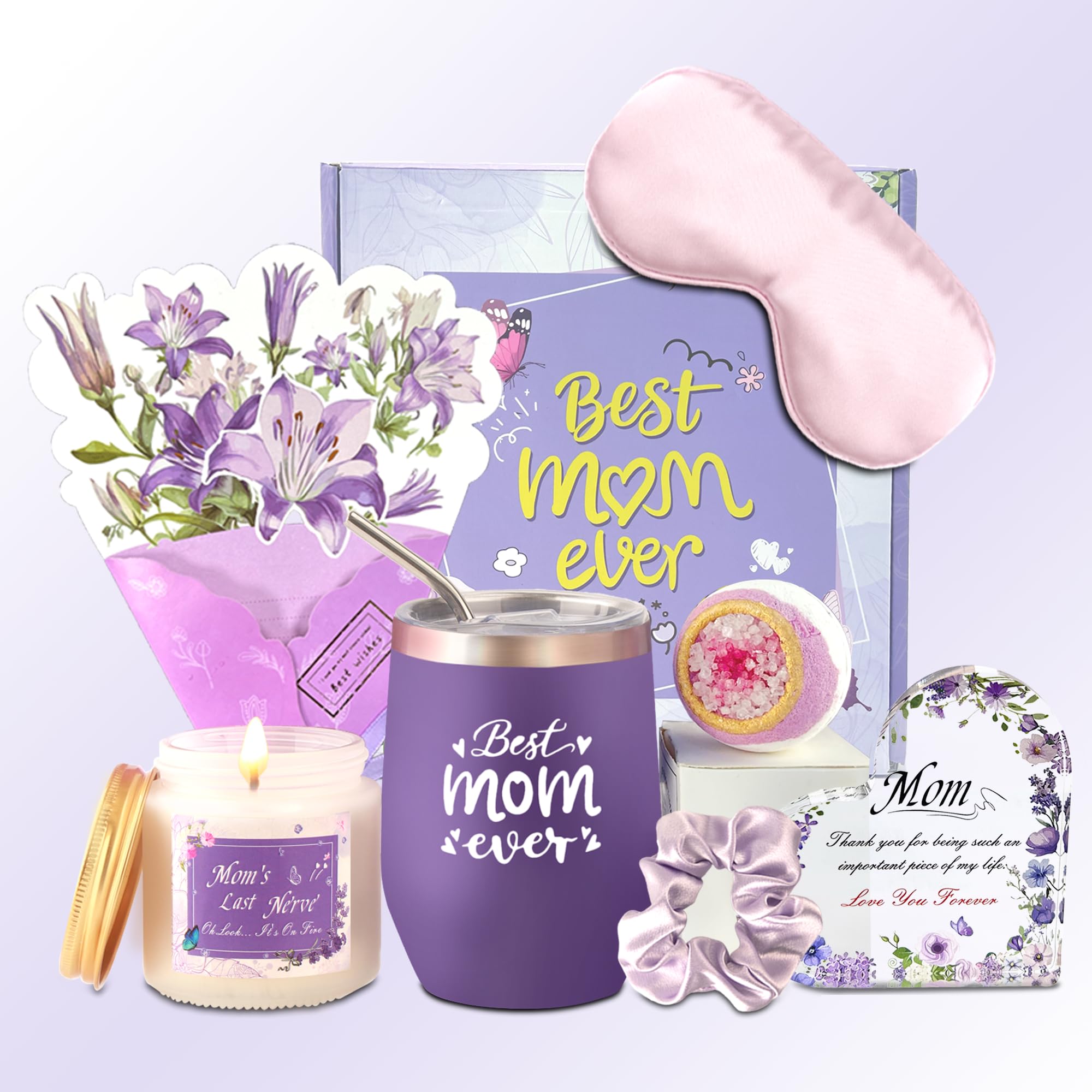 Neekiko Gifts for Mom, Birthday Mothers Day Gifts for Mom from Daughter Son, Lavender Relaxing Gift Basket Set with 12 oz Wine Glass, Funny Mothers