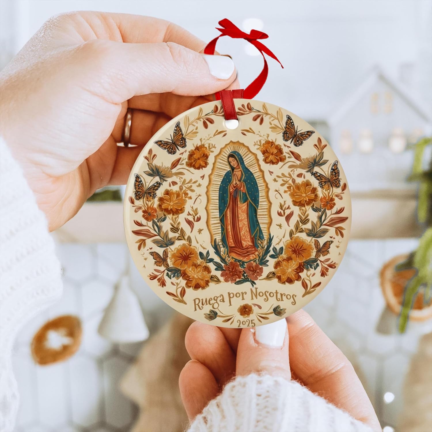 Our Lady of Guadalupe Ornament 2025 - Virgen de Guadalupe Ceramic Christmas Decoration, Ruega por Nosotros Catholic Religious Gift for Abuela Mom, Mexican Heritage Virgin Mary Keepsake - Image 6