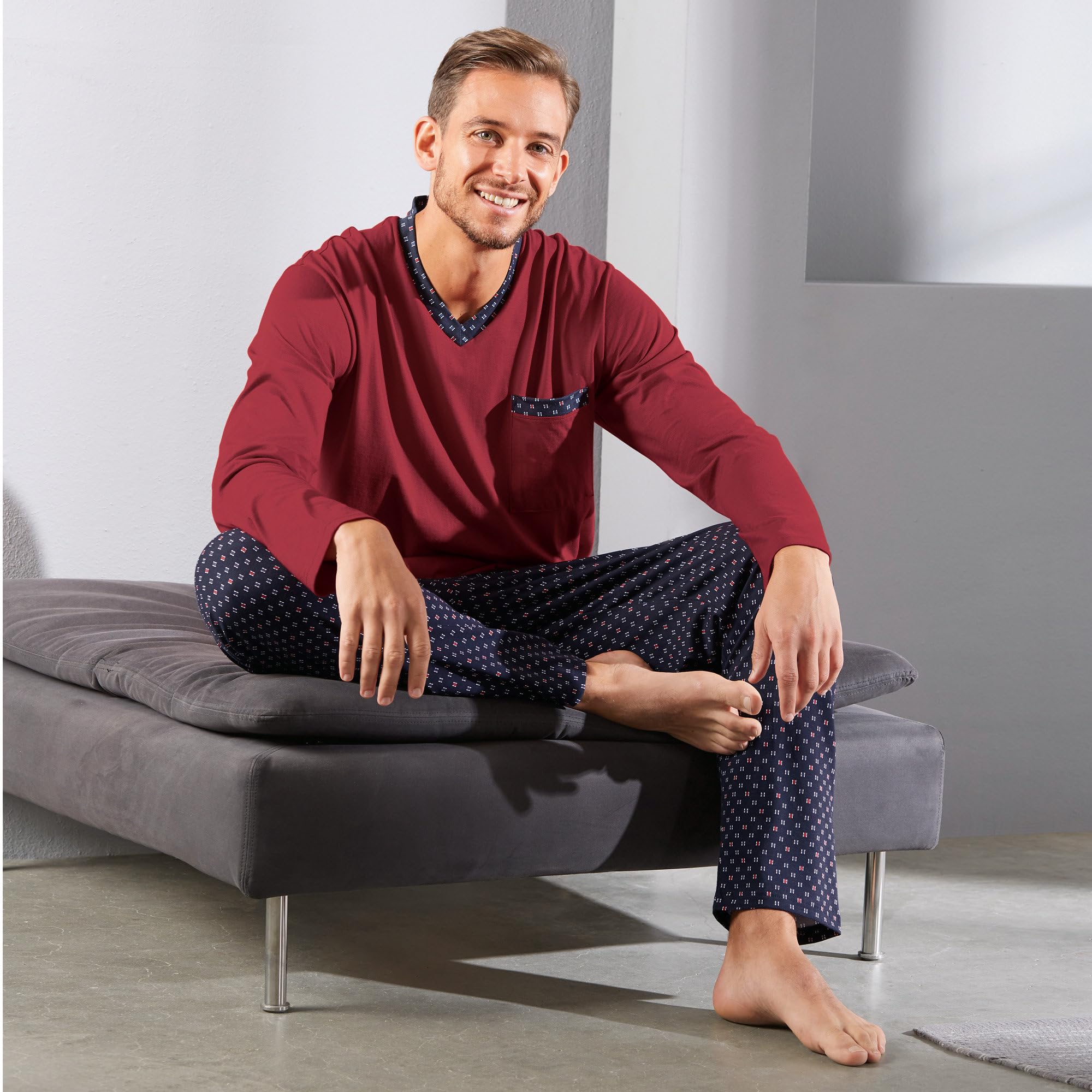 Erwin Müller Herren-Schlafanzug, Pyjama, Zweiteiler Single-Jersey - mit V-Ausschnitt und Brusttasche, Hose mit abgestepptem Gummibund, 100% Baumwolle Single-Jersey
