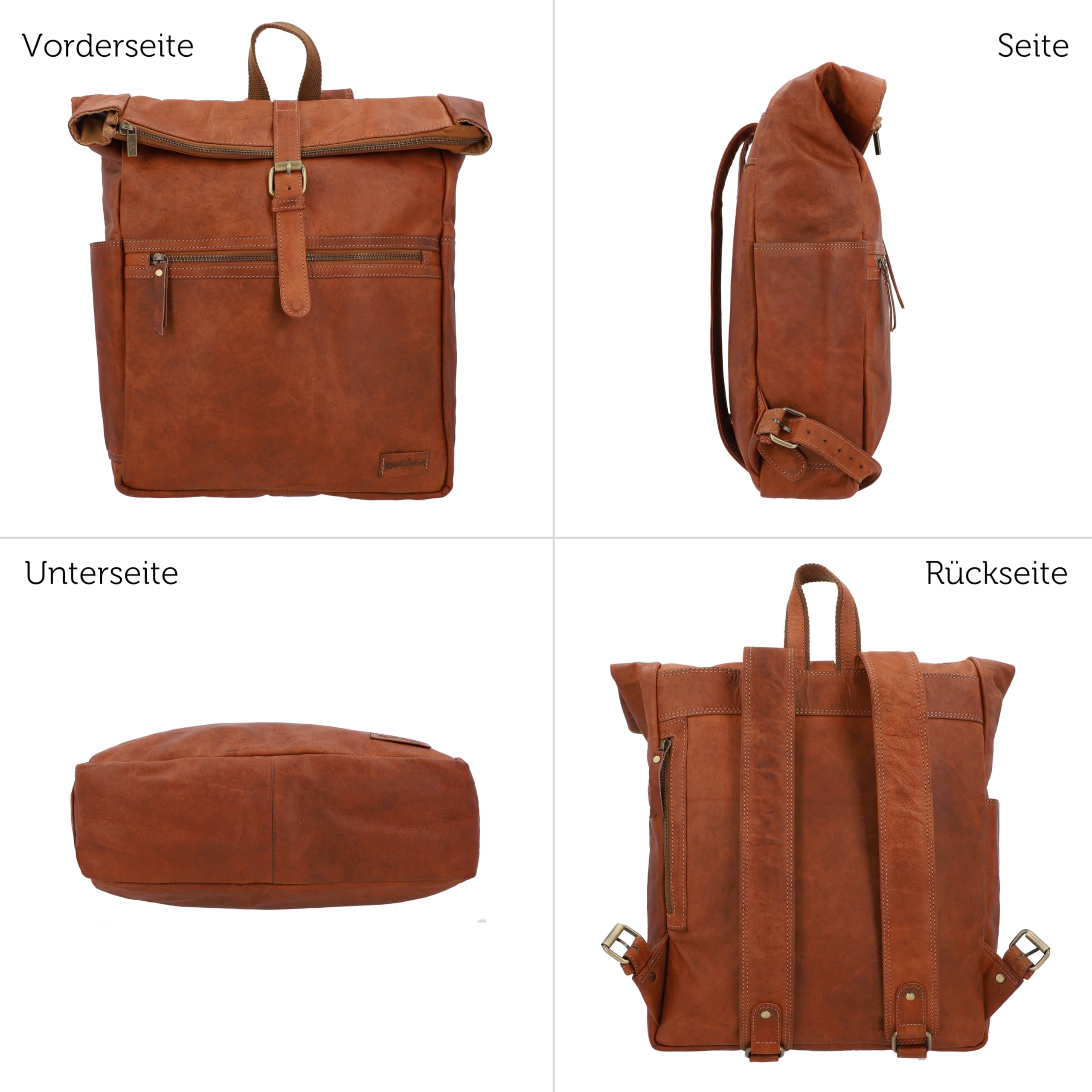 Gusti Leder Milo Vintage Rolltoprucksack für Herren und Damen, mit extra Reißverschlusstasche, AirTag-Fach und abnehmbarem Schlüsselanhänger und Laptopfach
