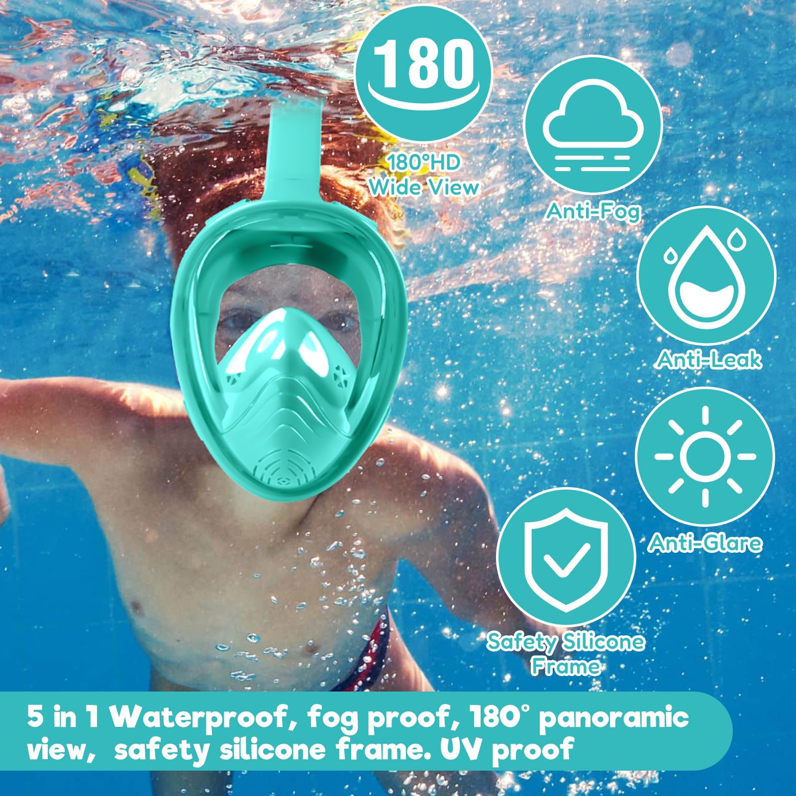 Masque Plongée Enfant XS – Masque Tuba 180° Anti-Buée & Anti-Fuite, Masque Piscine Enfant avec Sac Filet, Support Caméra & Accessoires – Masques de Plongée pour Garçons et Filles