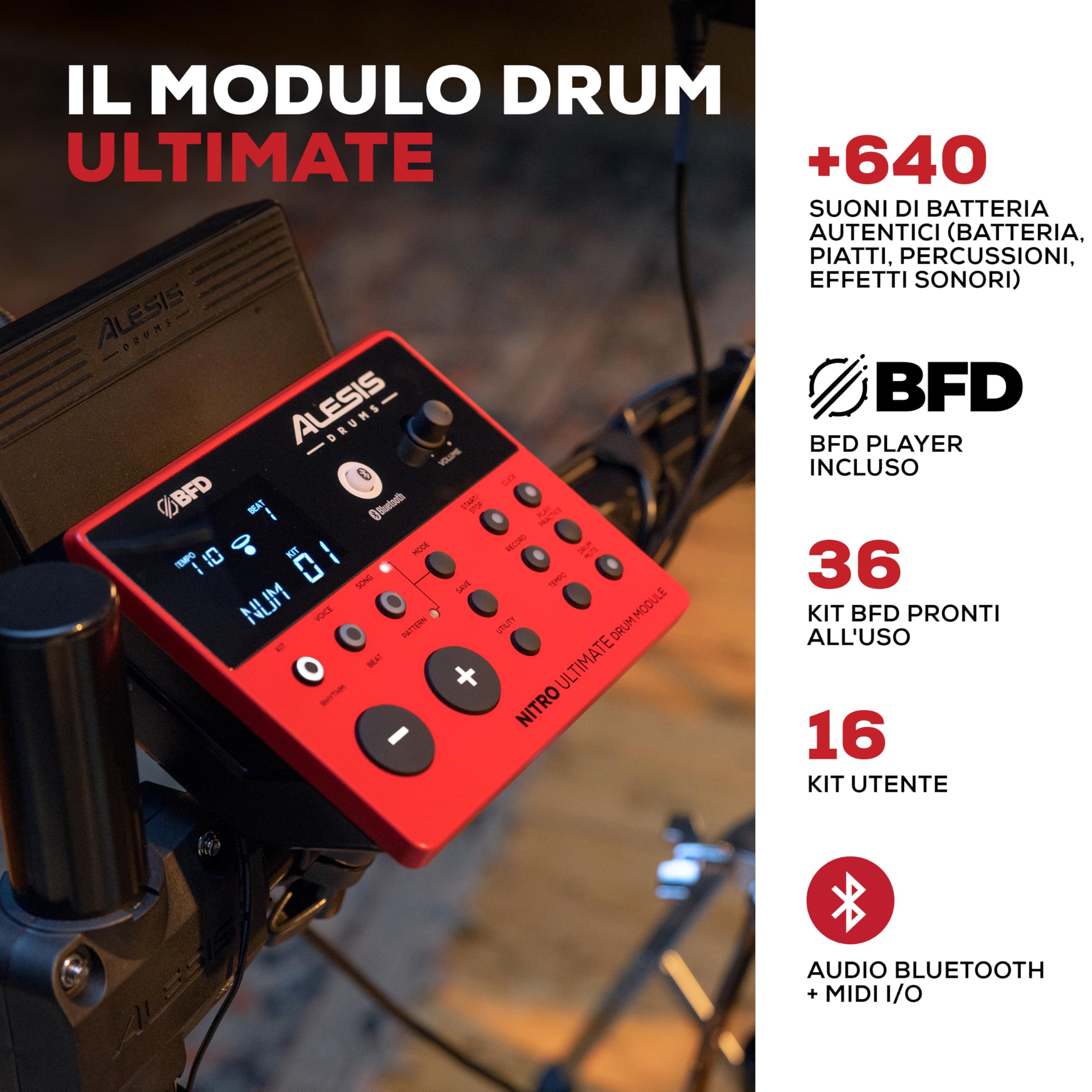 Alesis Nitro Ultimate Batteria Elettronica | Rullante 10" e Tom 8" Dual-Zone, Hi-Hat Mobile 10", 640+ Suoni BFD, Bluetooth, Drumeo, MIDI, Compatible con Doppio Pedale