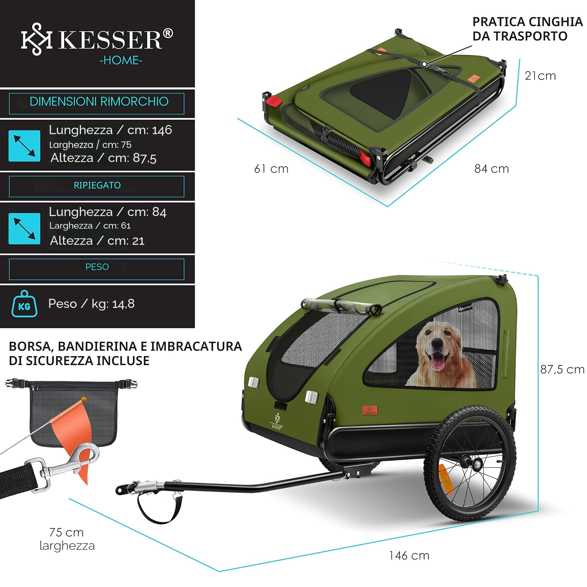 KESSER® Rimorchio per Cani 2in1, Carrello per Bicicletta, 250L circa di Volume, incl. Bandierina e Borsa, Pieghevole, SmartSpace Concept, Massima Capacità di Carico - 45 kg