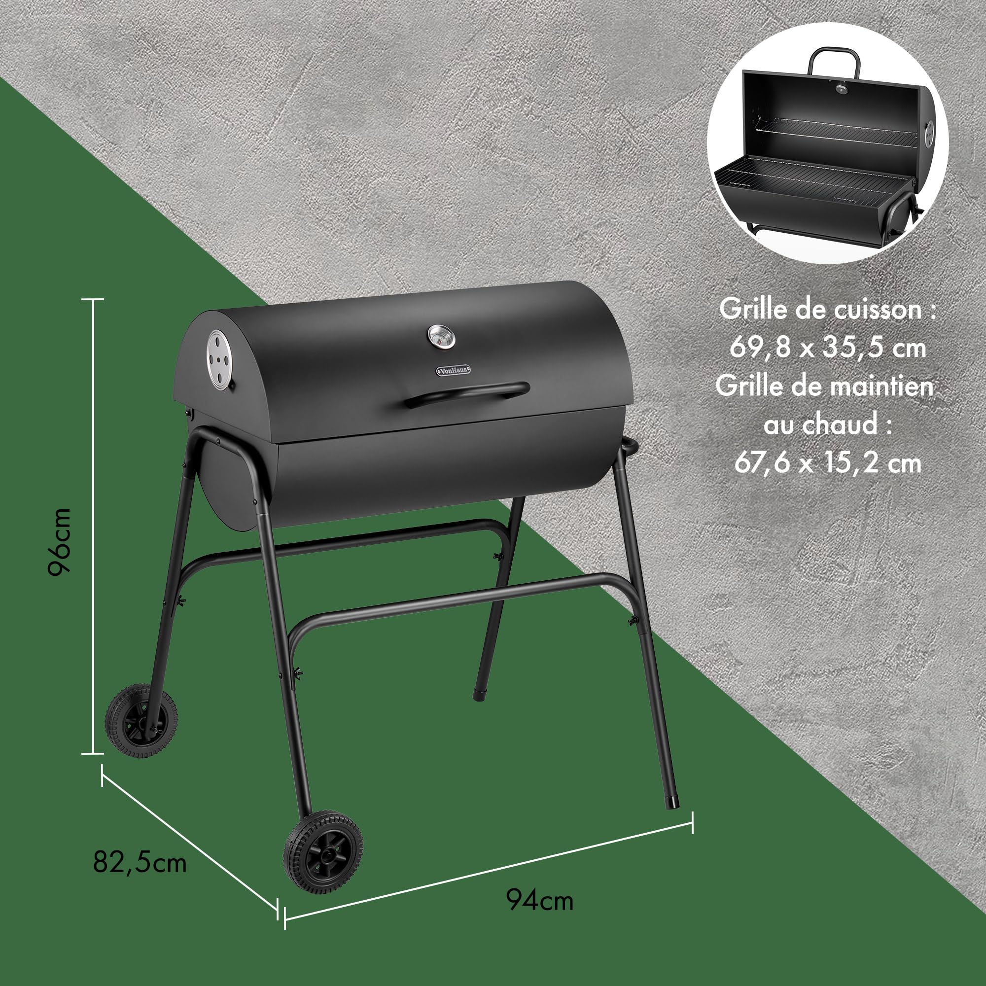 VonHaus Barbecue au Charbon – Baril Portable avec Grille Chauffe, Jauge de Température, Roues, Grande Grille de Cuisson et Aérations – 2 en 1 Barbecue et Fumoir – Grille Viande, Poisson et Légumes