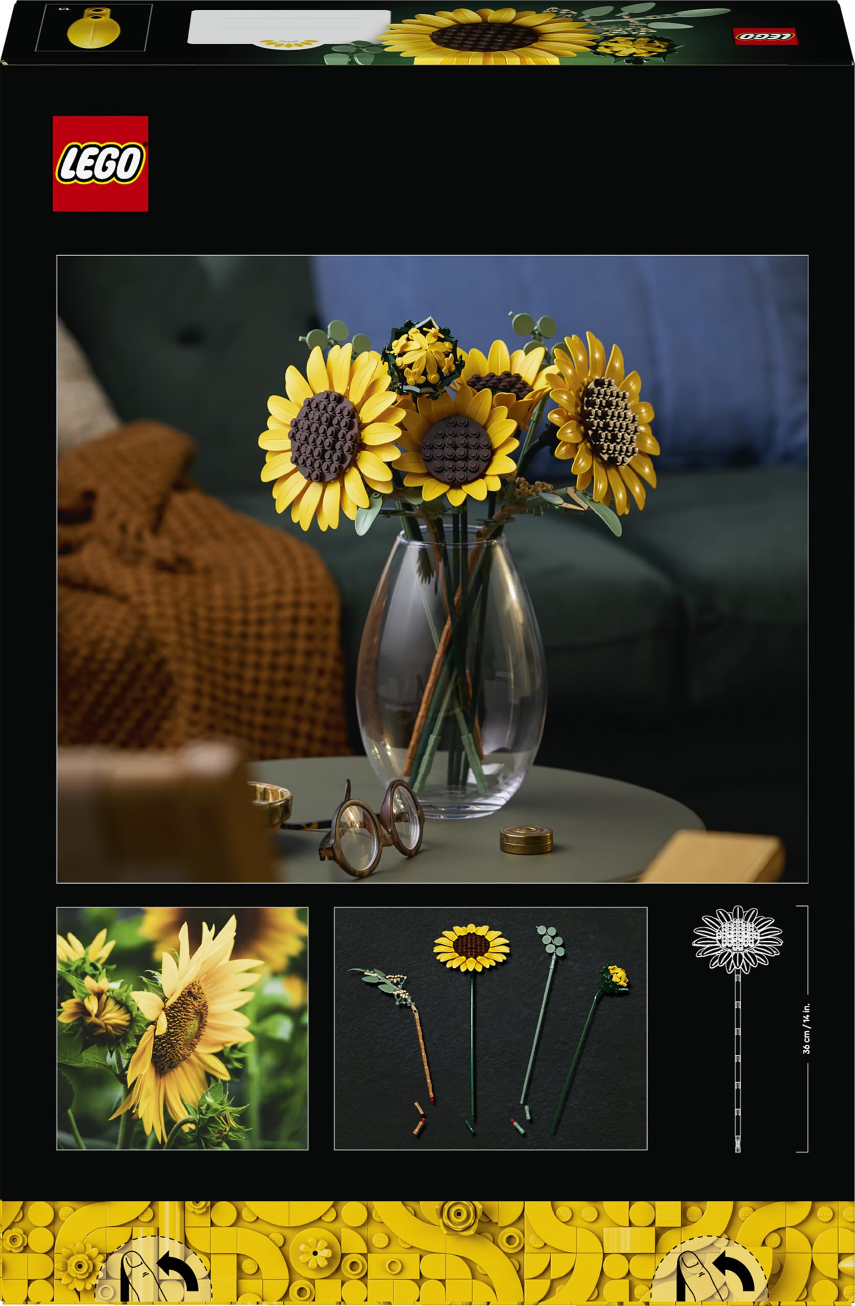 LEGO Botanicals Bouquet di Girasoli - Set di Fiori Artificiali per Adulti - Girasoli Finti e Steli di Eucalipto per Decorare il Soggiorno o la Camera da Letto - Idea Regalo Fai da Te per Donne - 11502