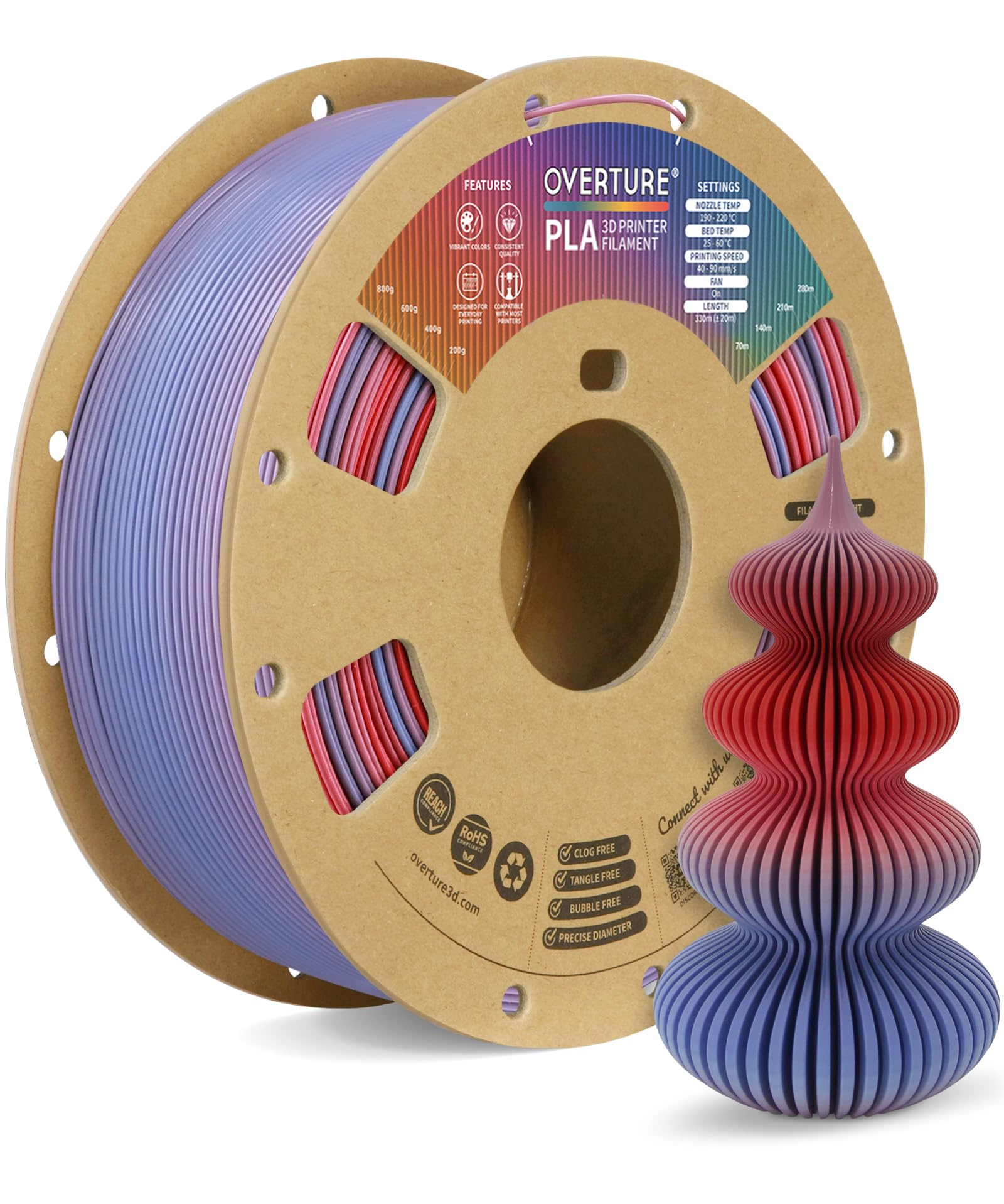 OVERTURE Filamento PLA 1.75mm - Bobina 1kg (2,2lbs) Precisione ±0.02mm, in Cartone Riciclato | Compatibile Stampanti 3D FDM (Rocket pop)