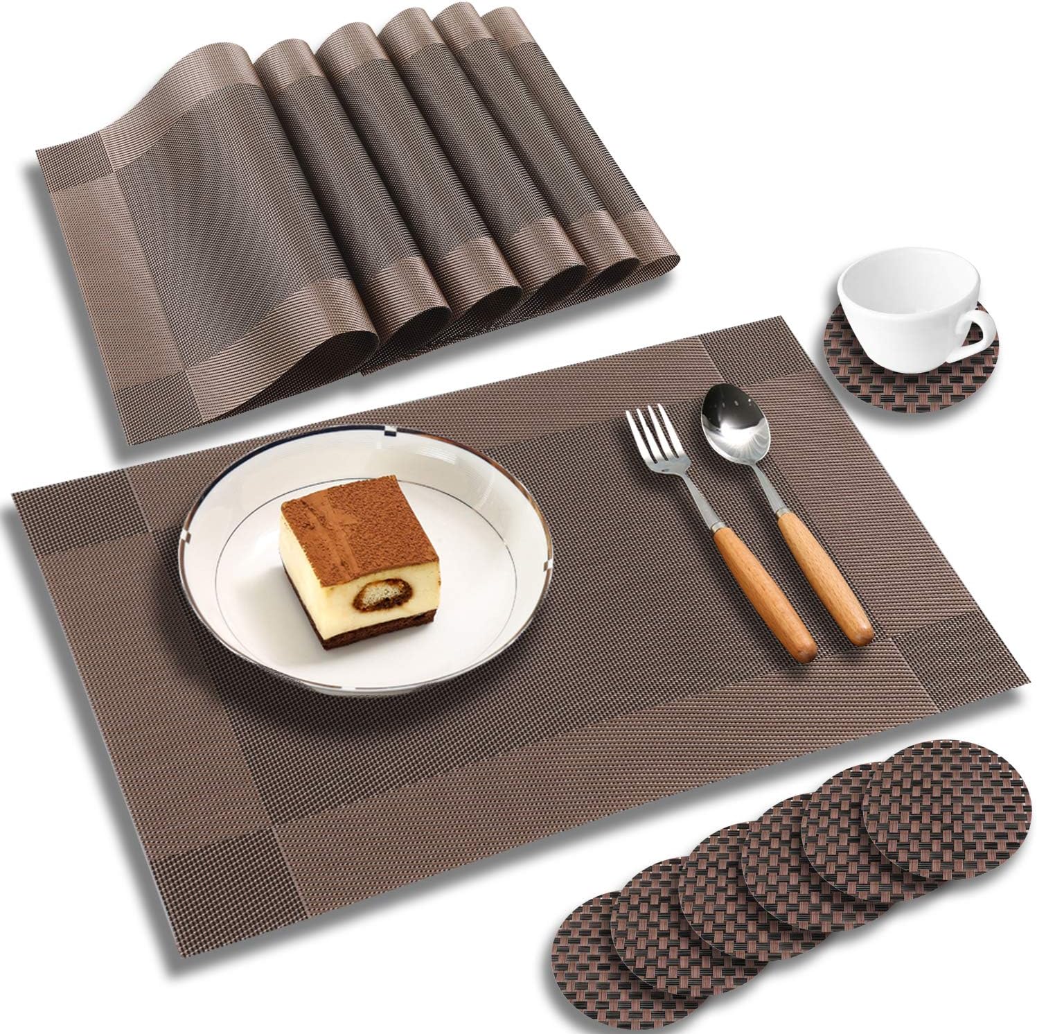 Placemats Set of 6 with Coasters for Dining Table Kitchen Table Mats Woven Vinyl Outdoor Mat Place Decor-Heat Resistant Stain Resistant Non-Slip Washable Easy Clean,Dark Brown