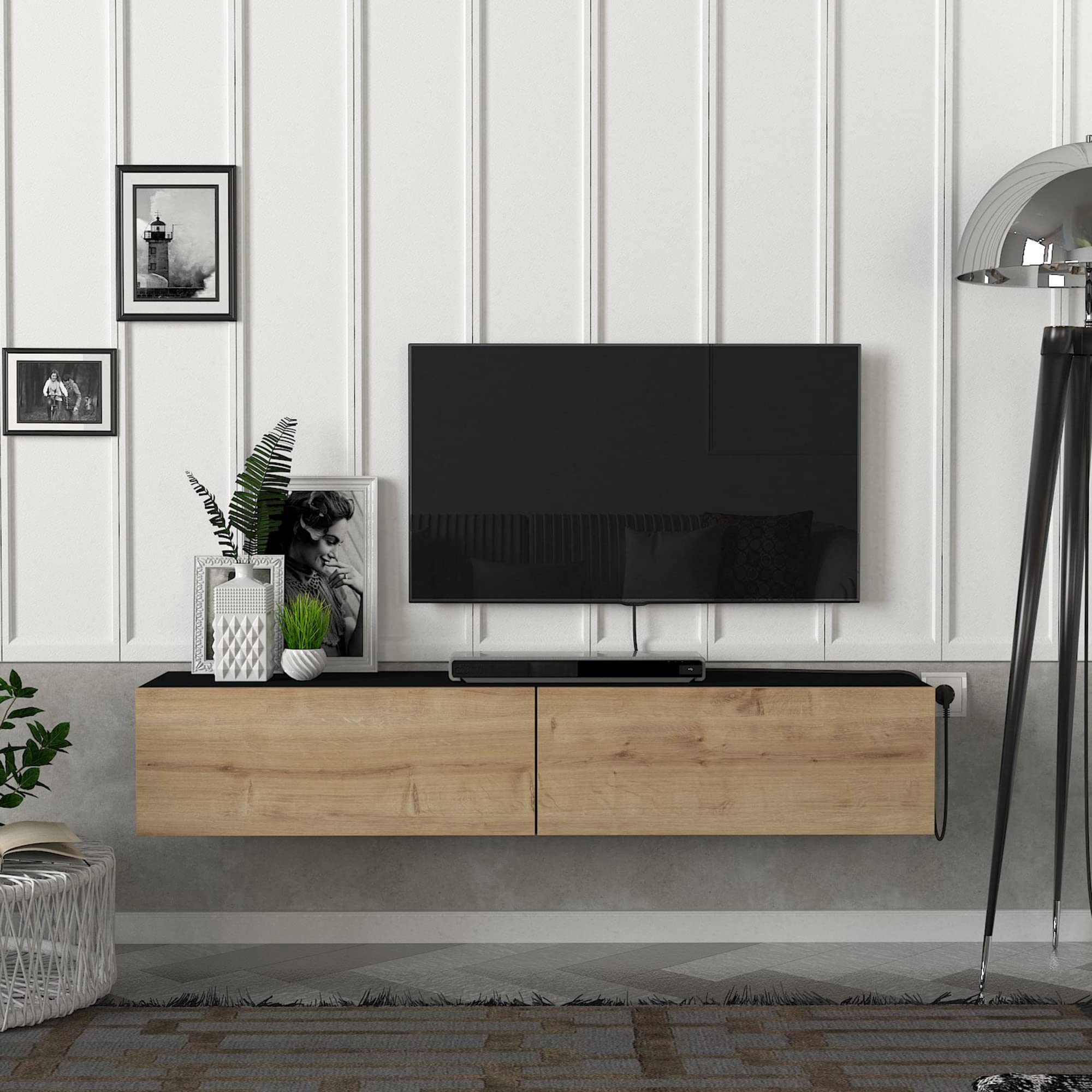 [en.casa] Mueble TV Toivakka Diseño Flotante Mesa TV Suspendido con 2 Compartimientos 2 Puertas Abatibles Máx. 28 kg Aglomerado 135 x 31 x 25 cm - Negro/Roble