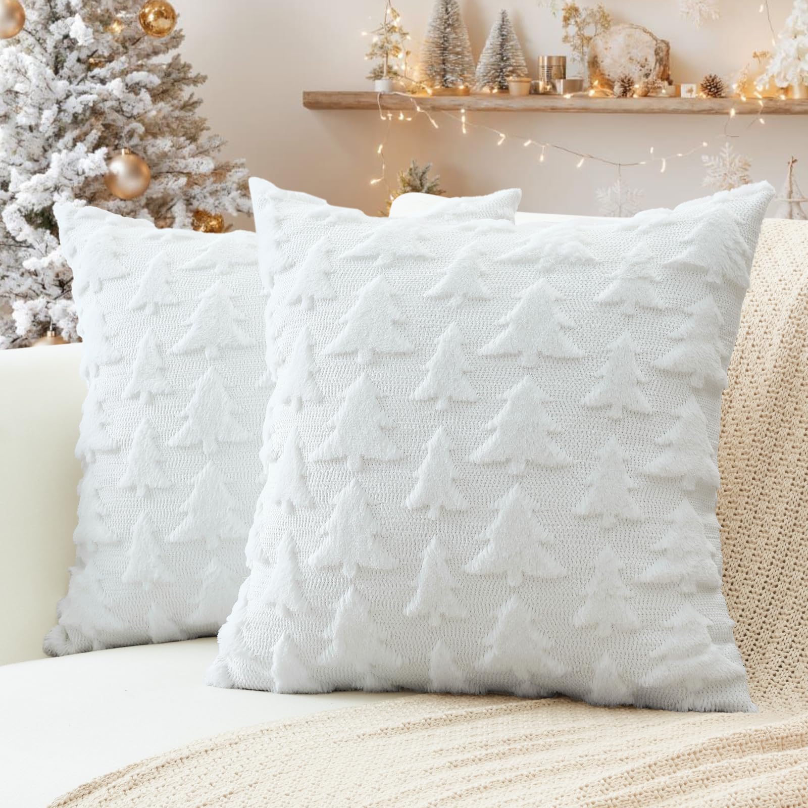 Condition photo showing New/Like New for otostar set of 2 christmas throw pillow covers 18x18 inch, soft plush faux fur christmas tree winter holiday xmas decorative square cushion cover cases for sofa couch bed living room, white