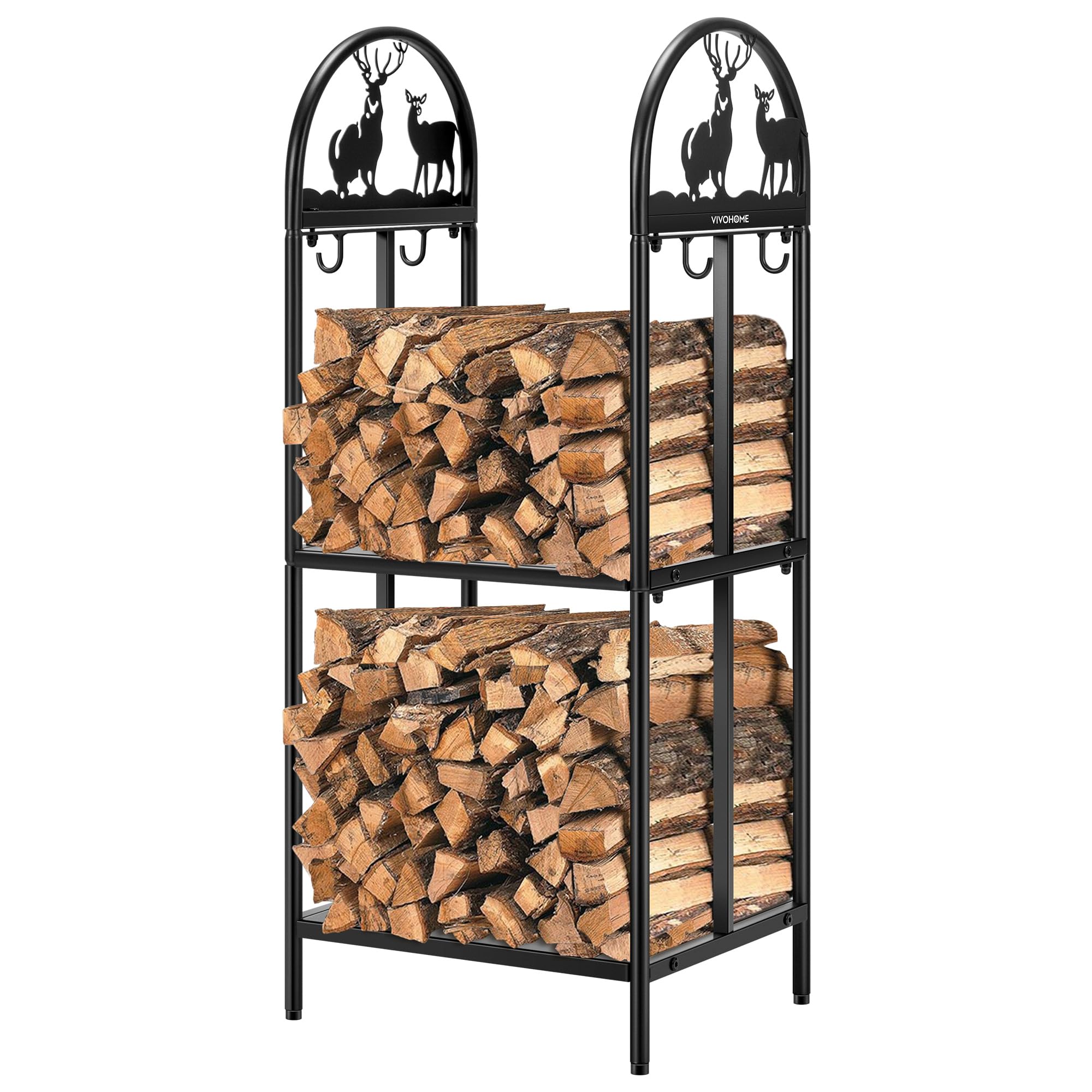VIVOHOME 3ft 2-Tier Firewood Storage Log Rack with 4 Hanging Hooks, Double Coated Solid Wrought Iron Fireplace Wood Holder Stacker Stand with Elk Pattern for Indoor Outdoor