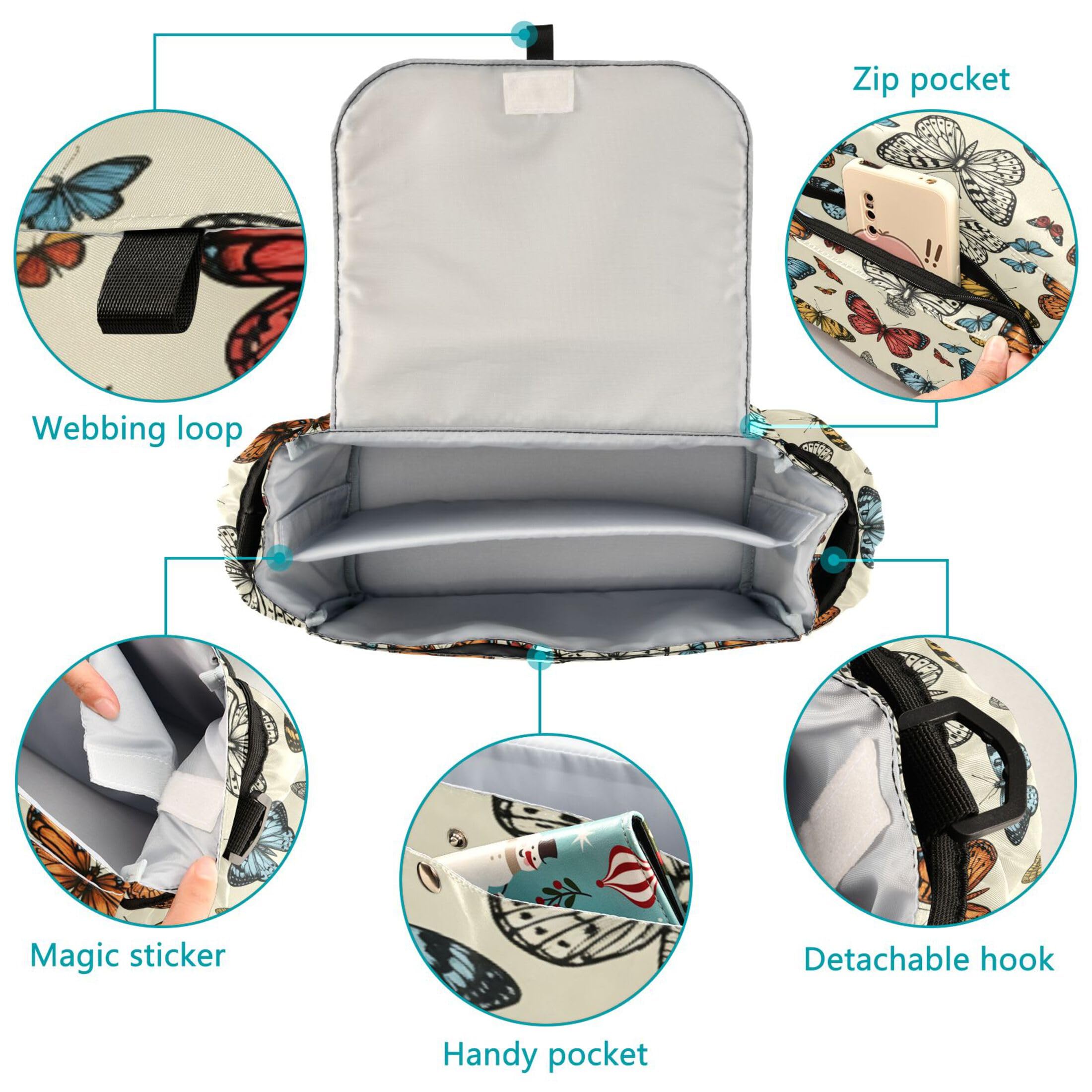 Burbuja Retro Butterflies Stroller Organizer with Insulated Cup Holders, Non-Slip Stroller Caddy Universal Fits Most Strollers, Nursery Accessories