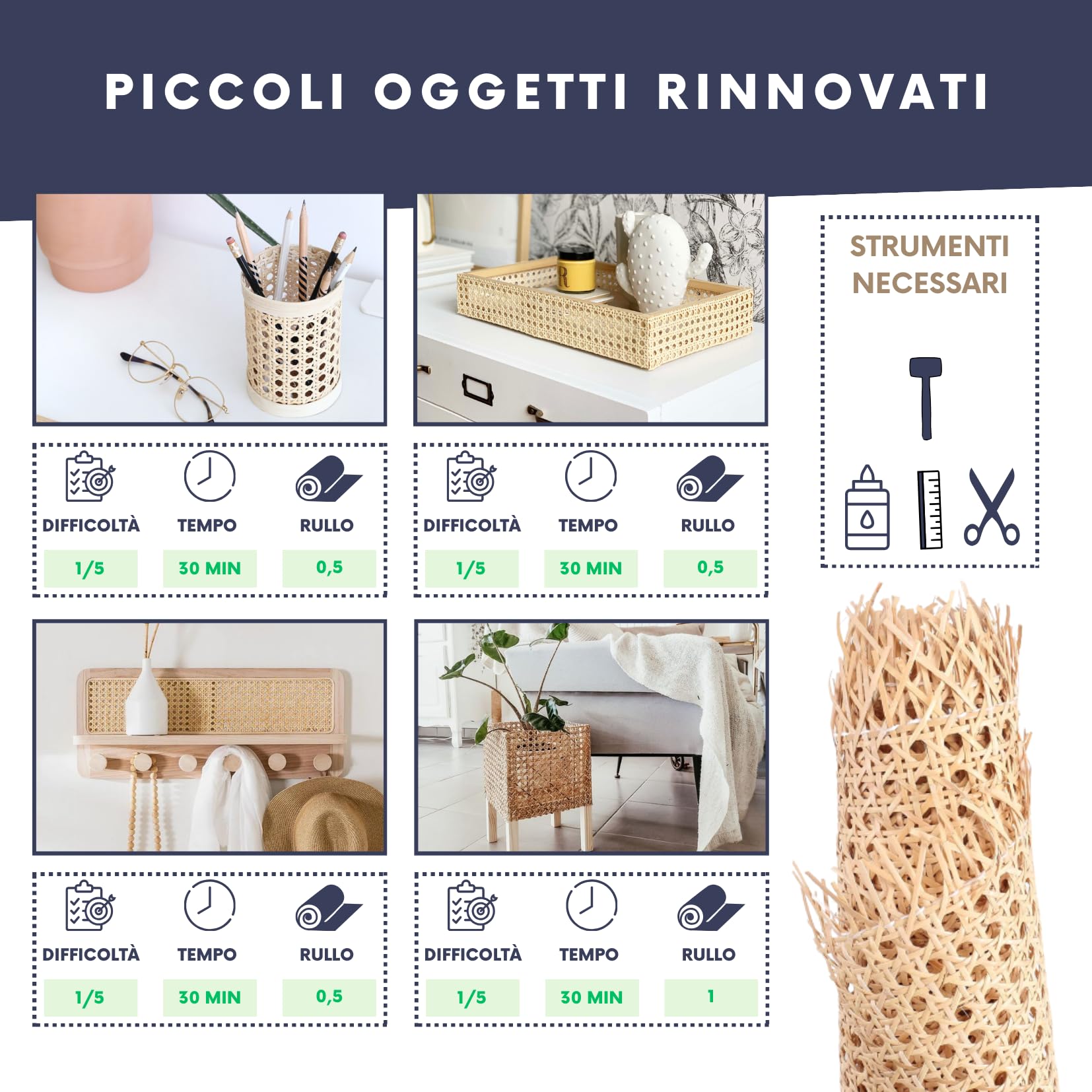 Rotolo di Rattan Naturale per la Riparazione e Il Restauro di Mobili e Sedie, Perfetto per i Tuoi Progetti DIY e Artigianali (60x100 CM) Materiale di Rattan Versatile e Resistente