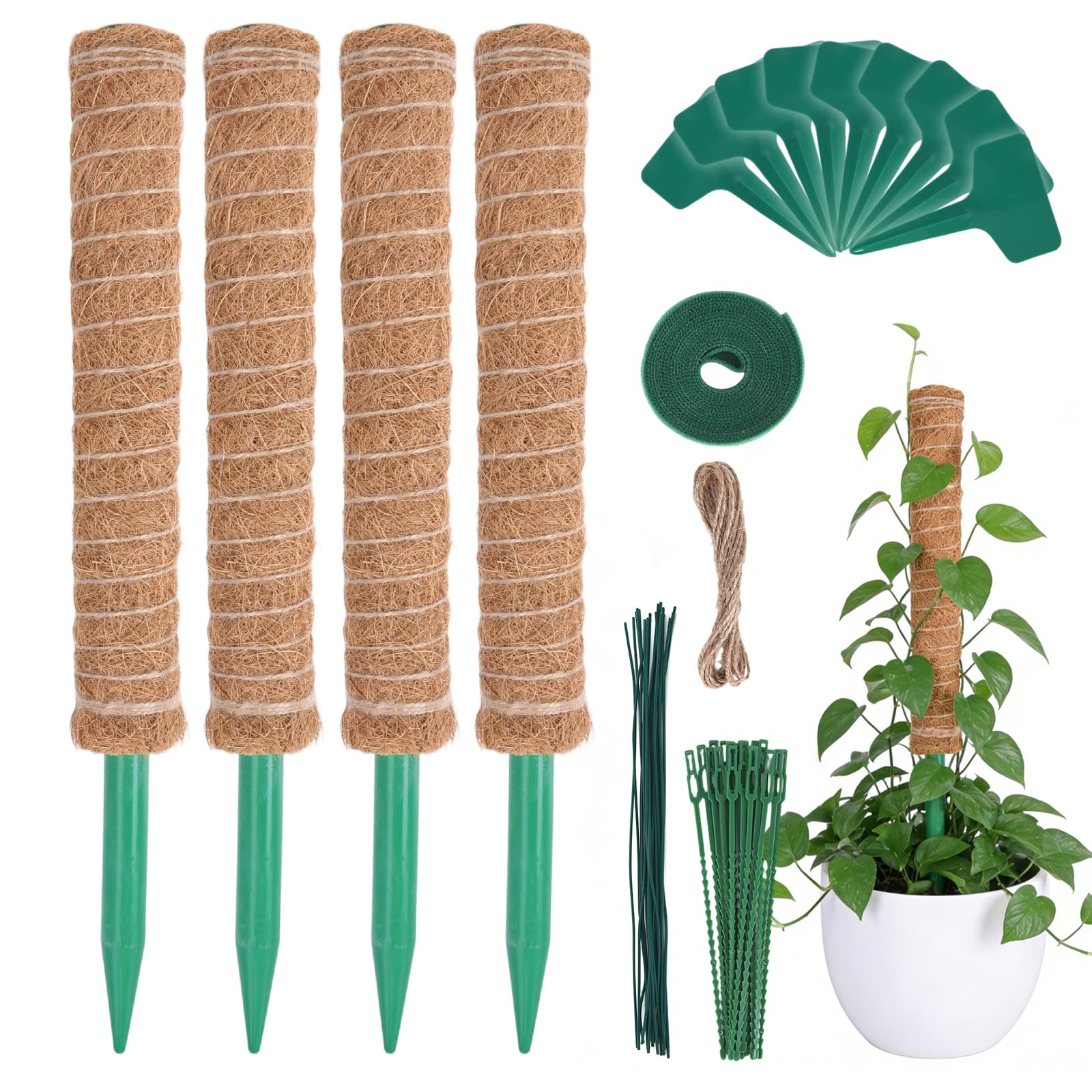 HOVIN Monstera Rankhilfe aus Kokos – 4 Stück verlängerbare Moosstäbe, 40 cm – Für Kletterpflanzen im Zimmer & Garten