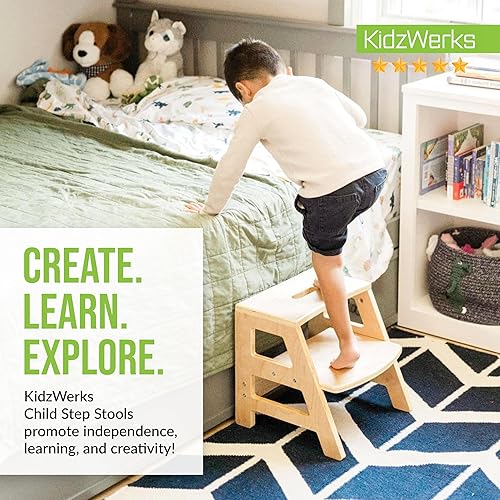 Miniatura 2 de Taburete para niños pequeños, baño, cocina, orinal de madera, para niños, escalera, 2 escalones, madera natural