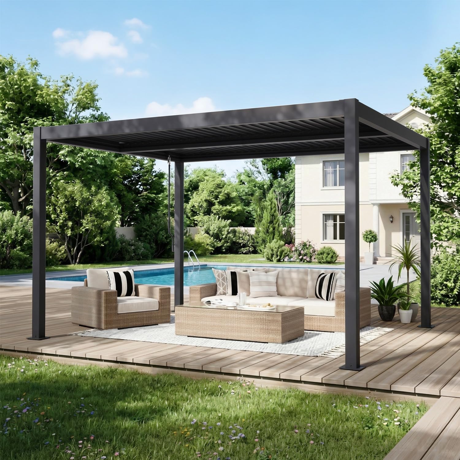 MELLCOM Pergola Louvered 10x12, Metal Hardtop Pergola with Adjustable Roof for Sun & Rain Shade, Outdoor Gazebo with Integrated Drainage System, Modern Rustproof Patio Canopy Carport
