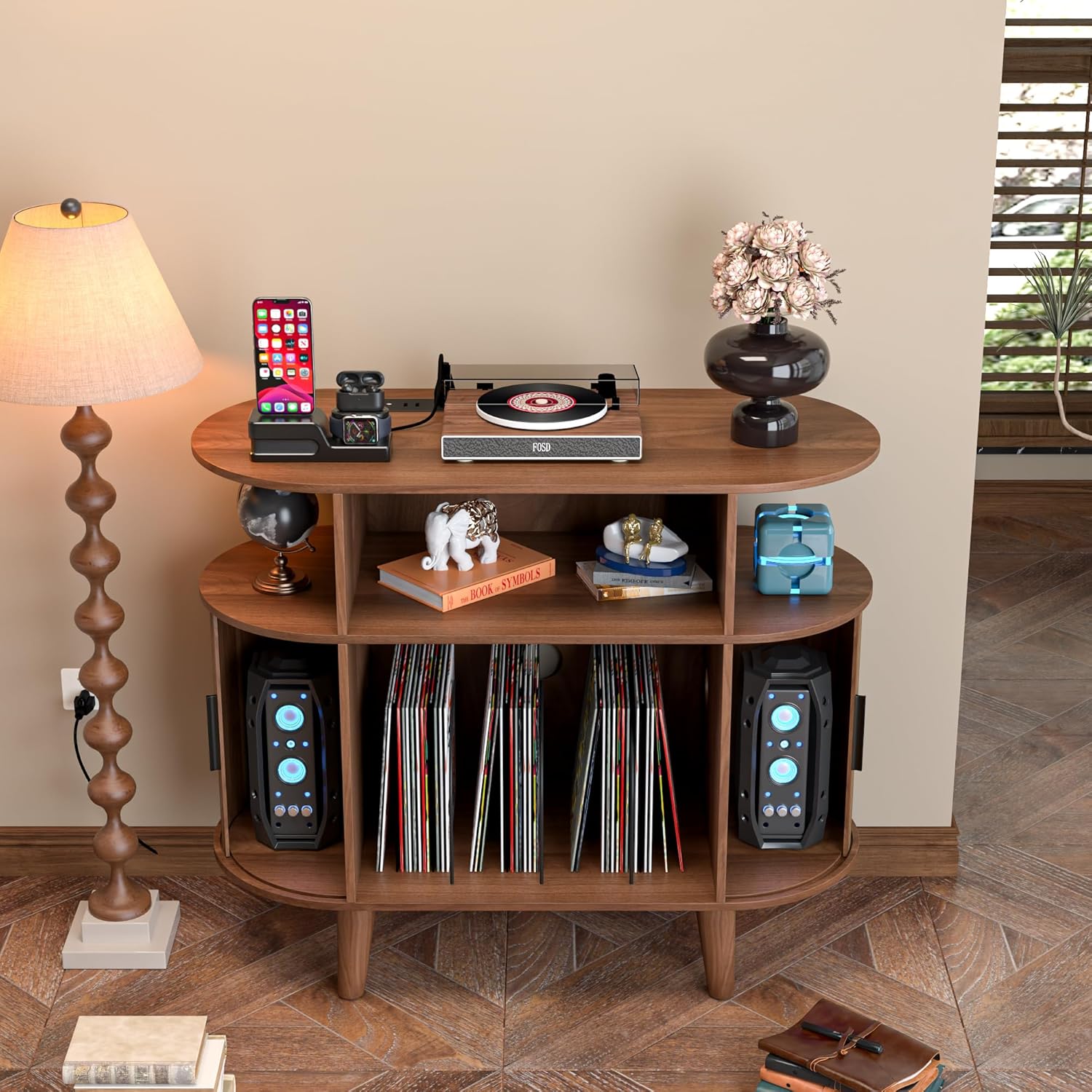 Mid Century Modern Record Player Stand with USB Ports