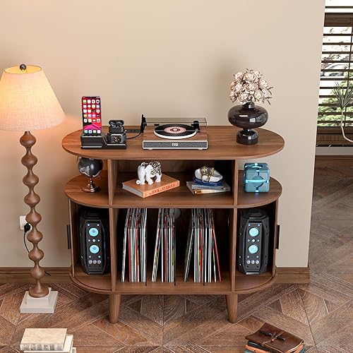 Miniatura 4 de Soporte redondo grande para tocadiscos con estación de carga y puertos USB, gabinete de almacenamiento de discos, soporte moderno de mediados de