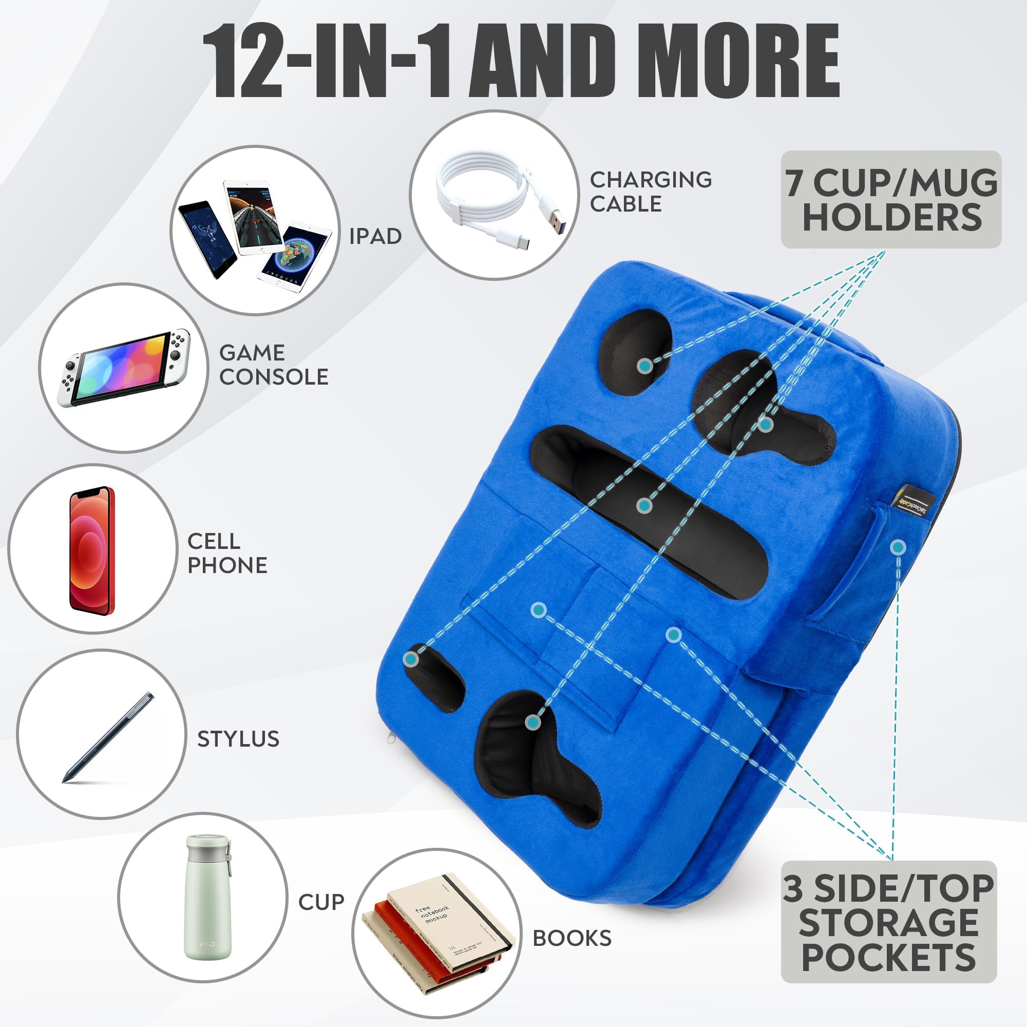 TabCouchCaddy - Couch Cup Holder Tray Pillow - Bed, Couch Caddy, Sofa, RV & Car - Holds Drinks, Snacks, Remotes, Phones, Kindle, Tablet | Bed Cup Holder (): Blue