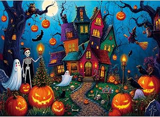 500 Piece Halloween Puzzles for Adults, Mystical Haunted Castle Puzzle | Halloween Night Puzzle with Skeleton Knight,Ghost,Witch,Pumpkins and Black Cats, Great Gift,Fun Holiday Activity Home Decor