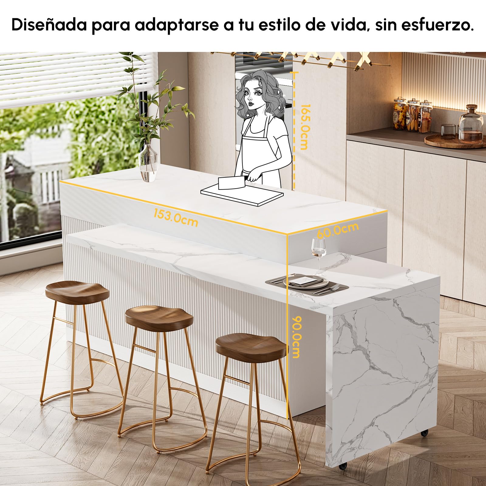 Homary Isla de Cocina Extensible con Almacenamiento múltiple para Cocina y Comedor, hacia la Derecha 205-268cm x 90cm