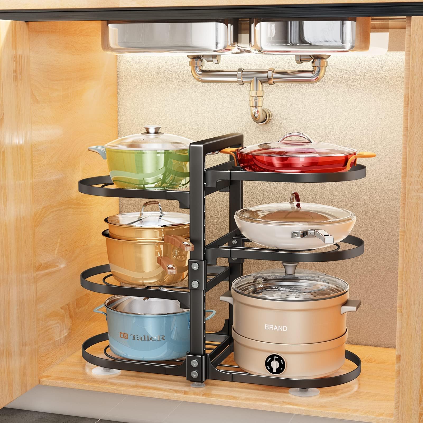 SAYZH Pots and Pans Organiser Rack, 6 Tier Snap-on Adjustable Saucepan Detachable Pot Pan Stand Holder for Kitchen Cupboard, Storage, Rustproof, Black, (HL-PR-6 tier)
