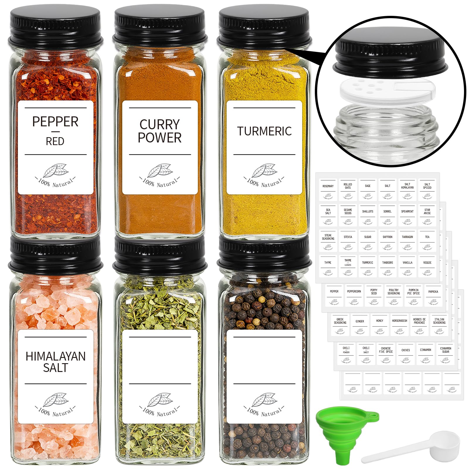 EkkoVla 6 Pack 120ml Square Glass Spice Jars with Black Airtight Lids