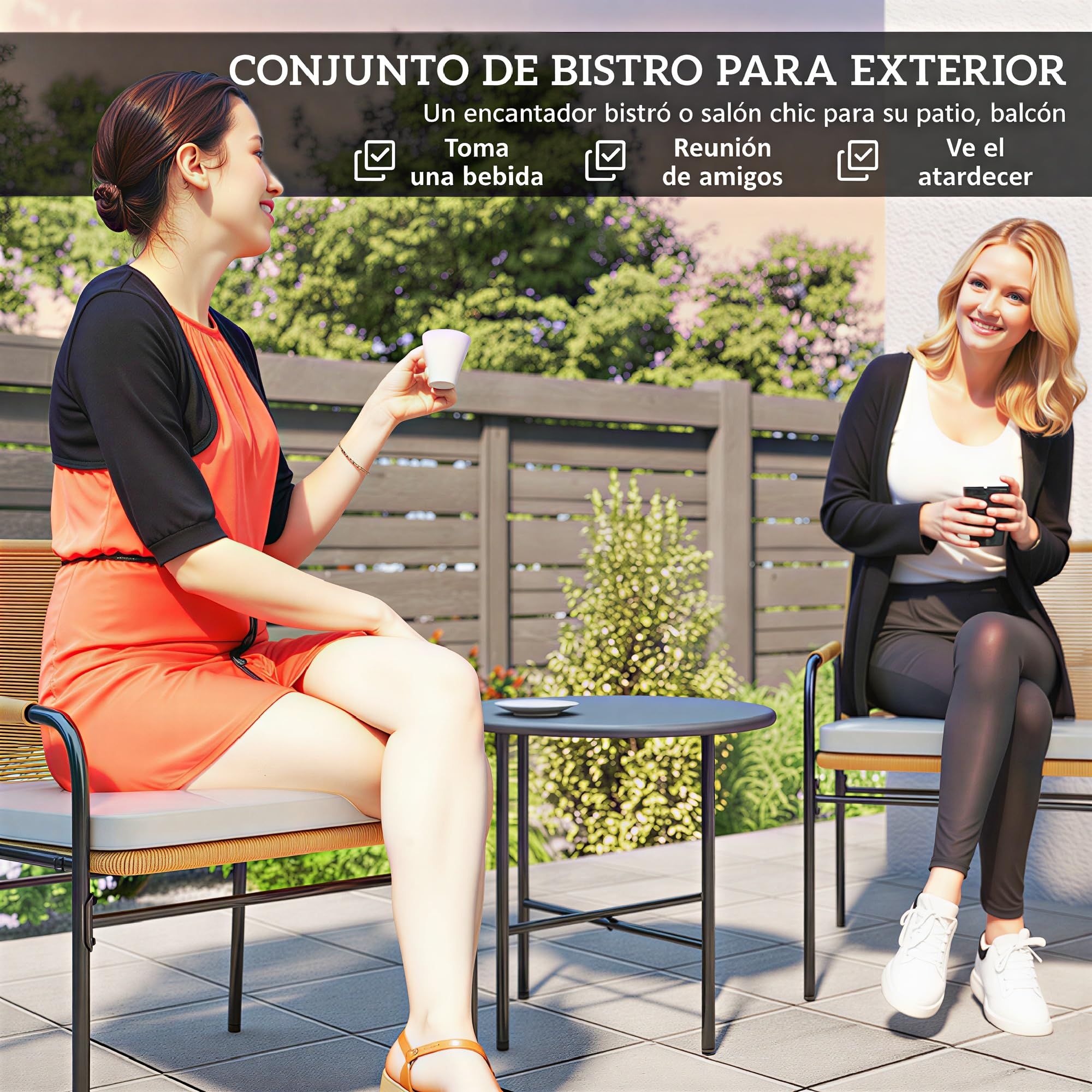 Outsunny Conjunto de Jardín Exterior de 3 Piezas Muebles de Jardín con 2 Sillas con Cojines Lavables Extraíbles y Mesa de Terraza con Tablero Metálico Resistente para Patio Balcón Natural y Crema
