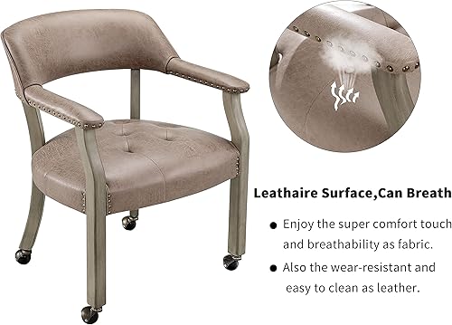 Miniatura 7 de MODERION Sillas de comedor modernas de madera maciza marrón con ruedas y brazos, sillas de escritorio de oficina, sillas de acento giratorias