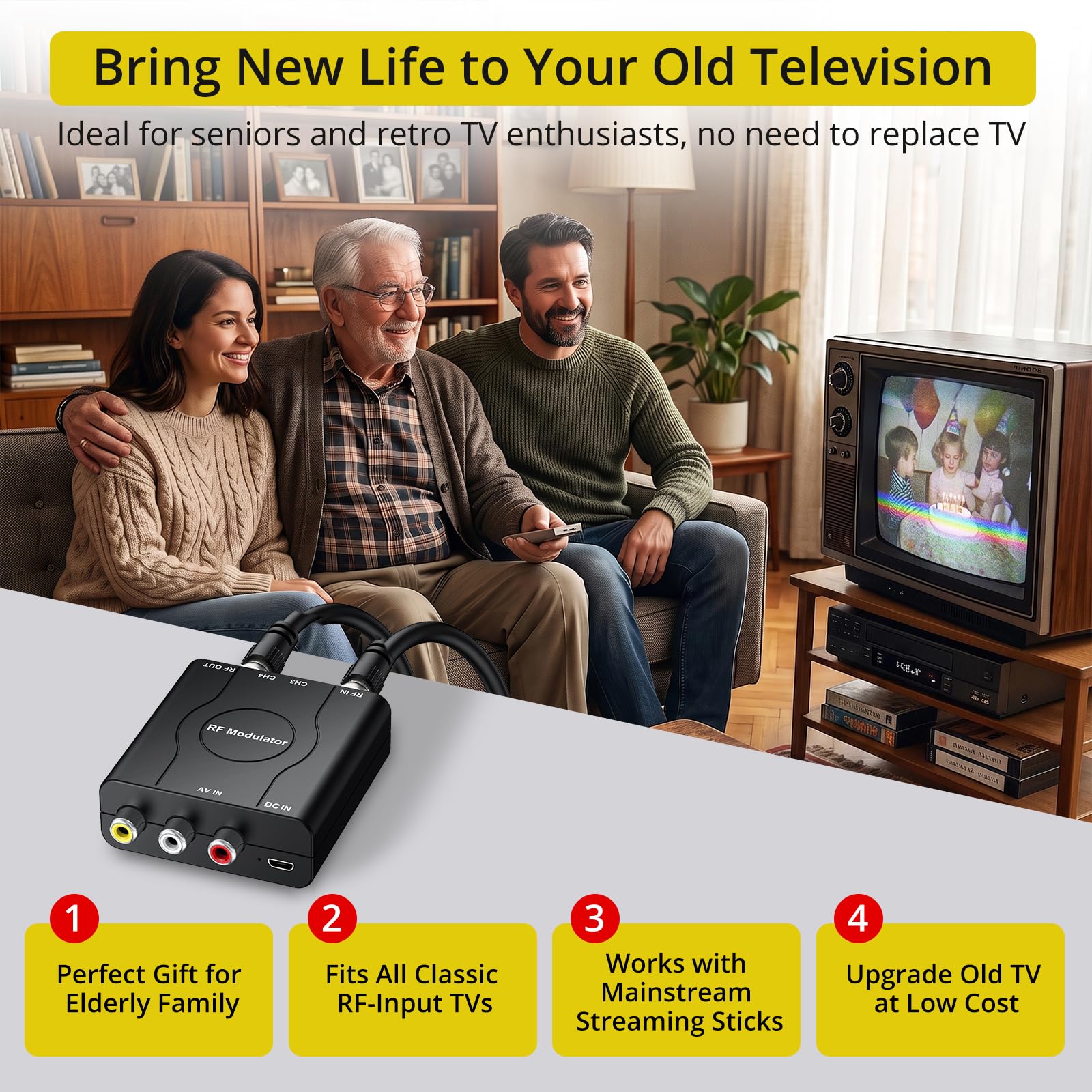RF Modulator für TV, RCA auf RF Koaxial Adapter mit RG6 Koaxialkabel, AV Composite zu Analog NTSC Konverter für VHS, VCR, DVD Player, Retro Spielkonsolen, K 3/4 Switch