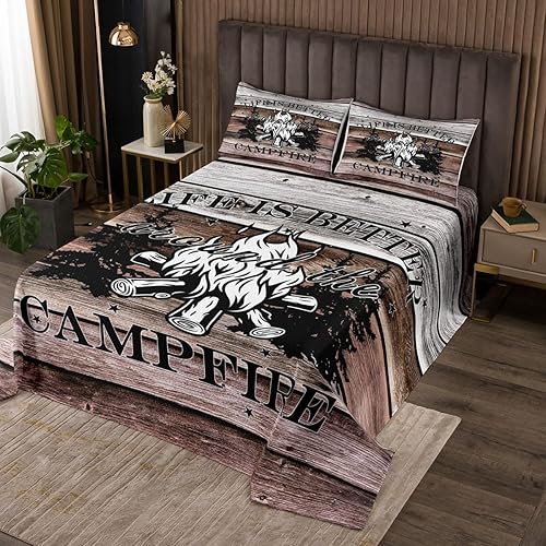 Miniatura 2 de Juego de colcha para cámper, tamaño Queen para niños, niñas, juego de edredón de campamento feliz, colcha vintage de madera de granja, colcha de