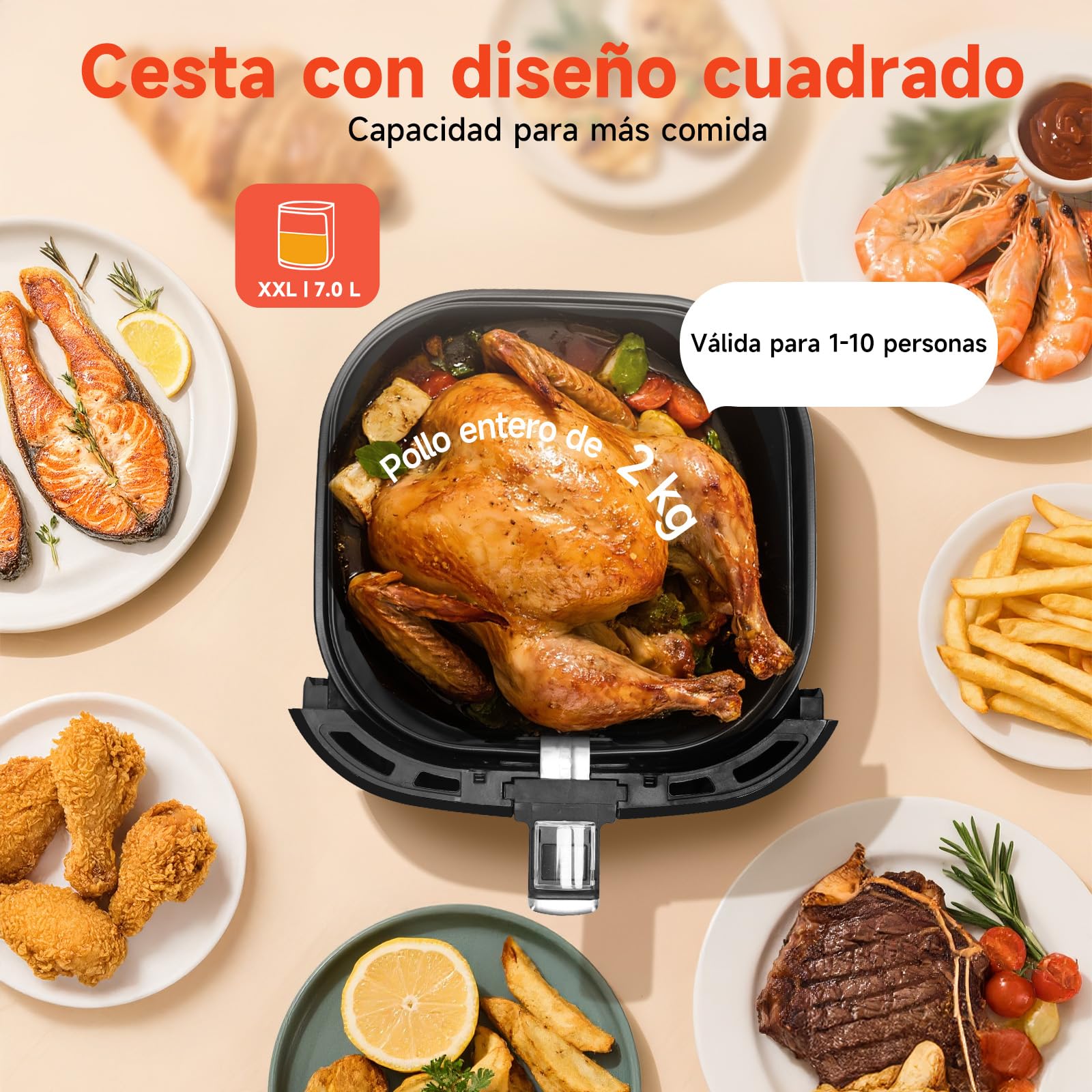 Aigostar Freidora de Aire XXL 7 Litros/2Kg, Air Fryer con Doble Cesta Independiente, Tecnología Rapid Air, 8 Programas, Función de Mantenimiento de Calor, App de Recetas/Libro de Recetas, 1900W