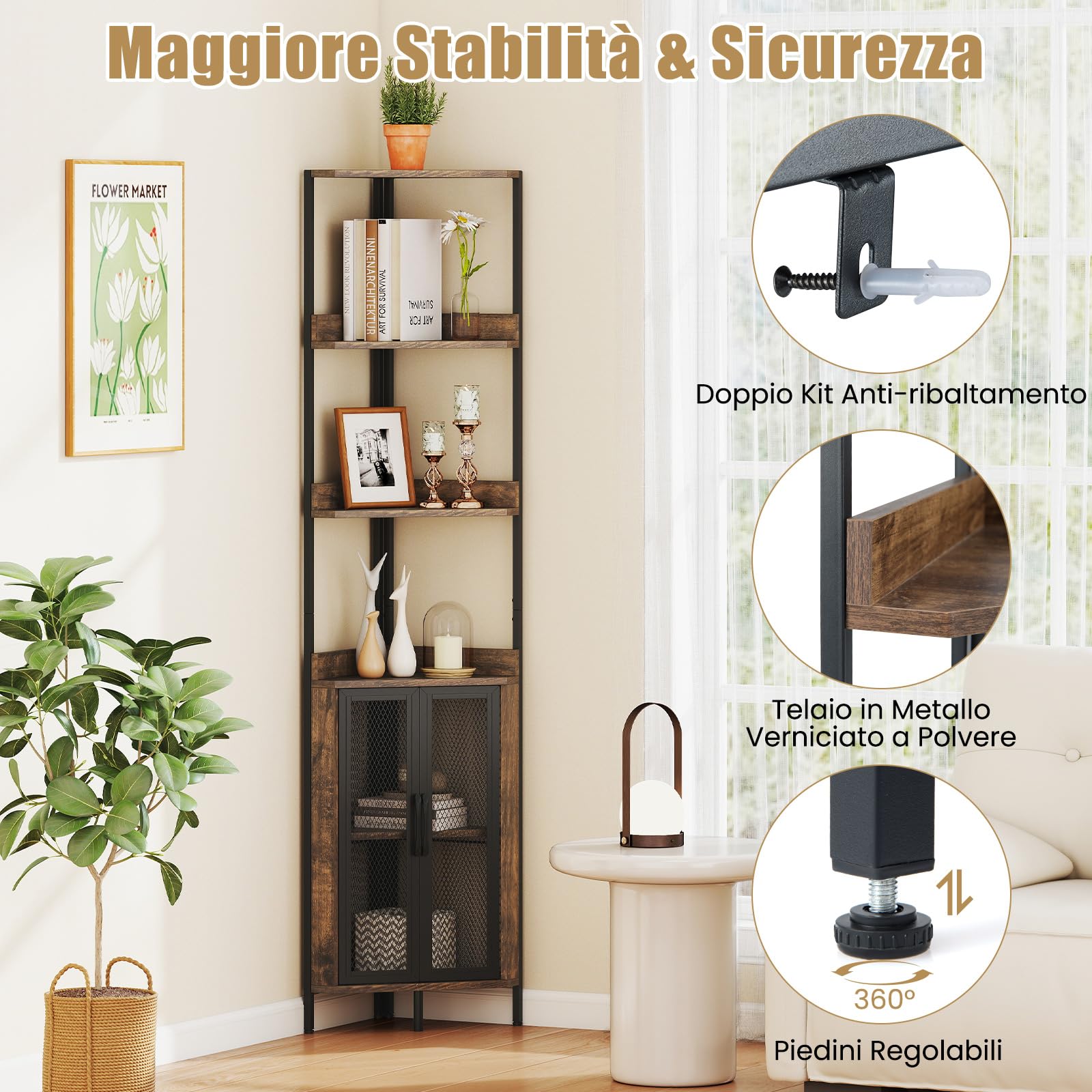 COSTWAY Scaffale Angolare a 6 Ripiani, Libreria Alta 170 cm con Armadietto, Scaffale Industrial per Libri con Ante, Multiuso per Soggiorno, Camera da Letto (Marrone)