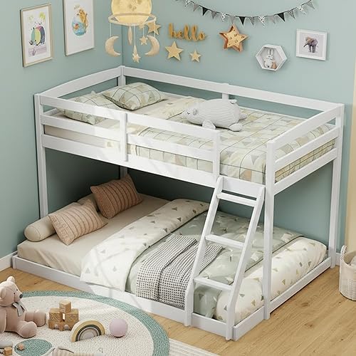 Miniatura 23 de KOMFOTT Litera de Madera Gemela sobre Gemela, Litera con Escalera y Barandilla de Seguridad, Marco de Cama de Madera Sólida, Ideal para Dormitorio y