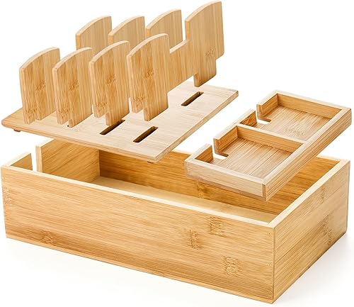 Miniatura 3 de Fasmov Estación de carga de bambú, soporte de carga para múltiples dispositivos, organizador de estaciones de acoplamiento de escritorio para