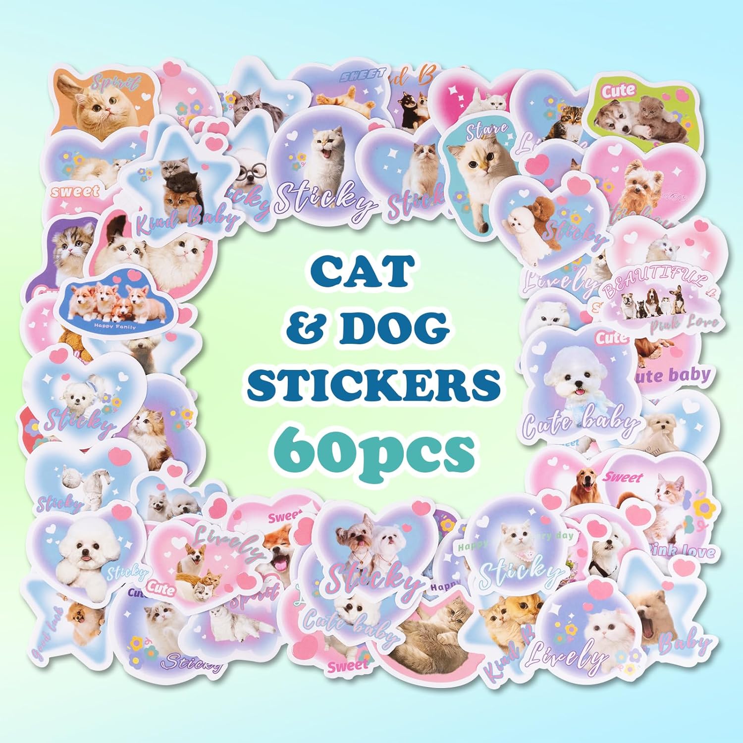 60 PCS Cat and Dog Stickers, Self-Adhesive Waterproof Decal for Laptop, Skateboard, Motorcycle, Notebook - Image 2