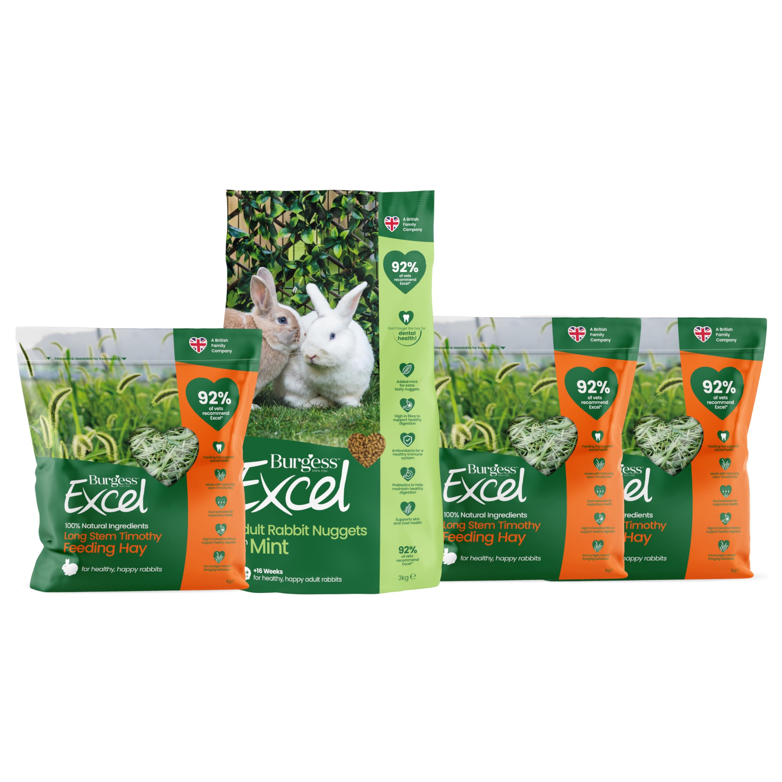 Burgess Excel Rabbit Food & Feeding Hay Value Bundle - 3KG Rabbit Nuggets & 3x1KG Long Stem Feeding Hay for Adult Rabbits – Dust Extracted Timothy Hay & Mint Pellets