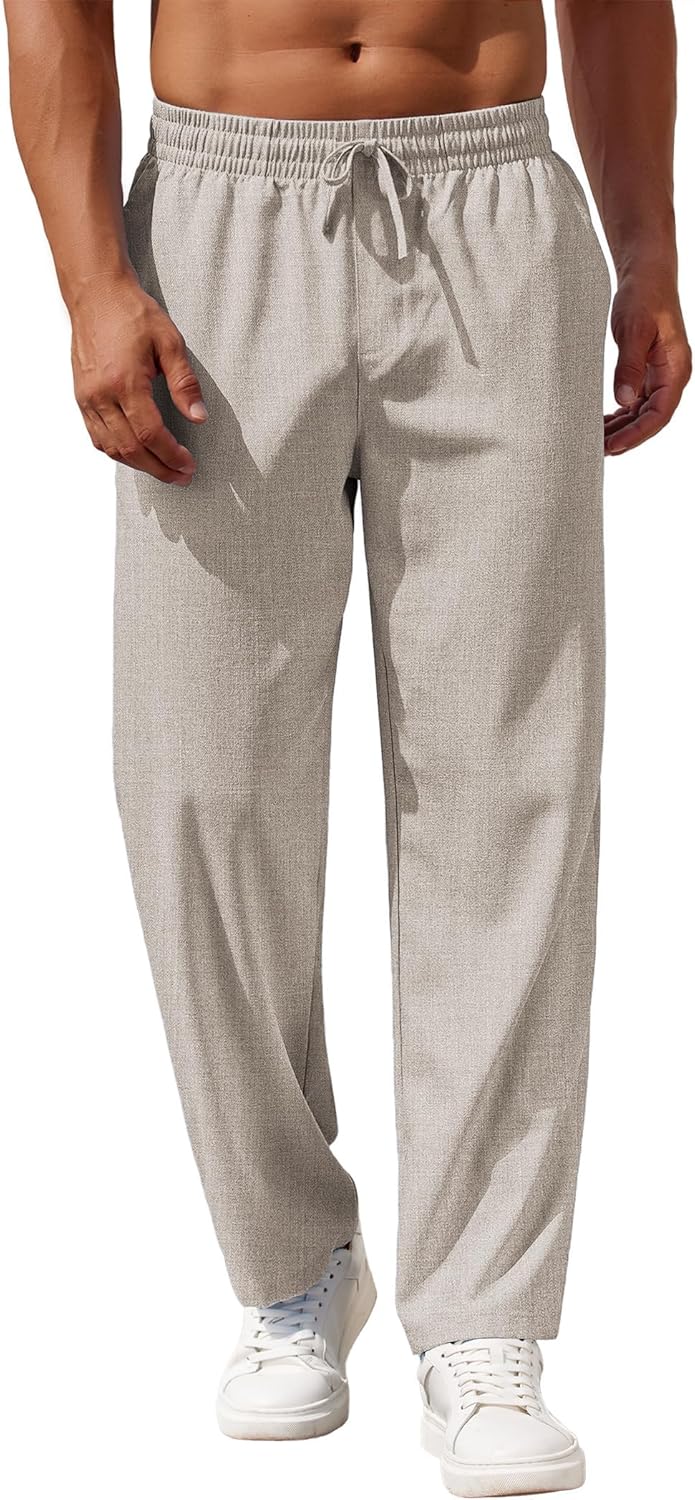 COOFANDY Mens Casual Pants Drawstring Elastic Waist Pants Linen Summer Beach Pants