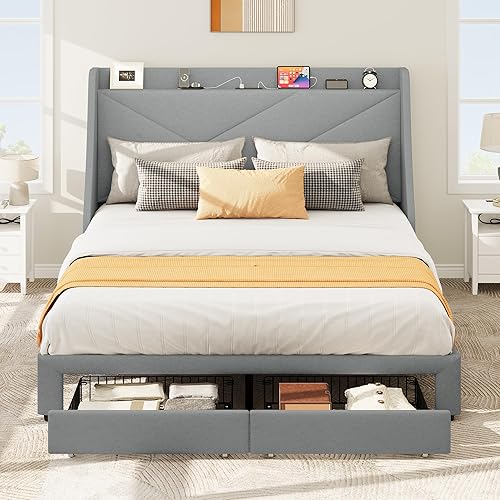 Miniatura 6 de YITAHOME Base de cama de almacenamiento, marco de cama tamaño Queen con puerto tipo C y USB y 2 cajones, cabecera tapizada, plataforma de