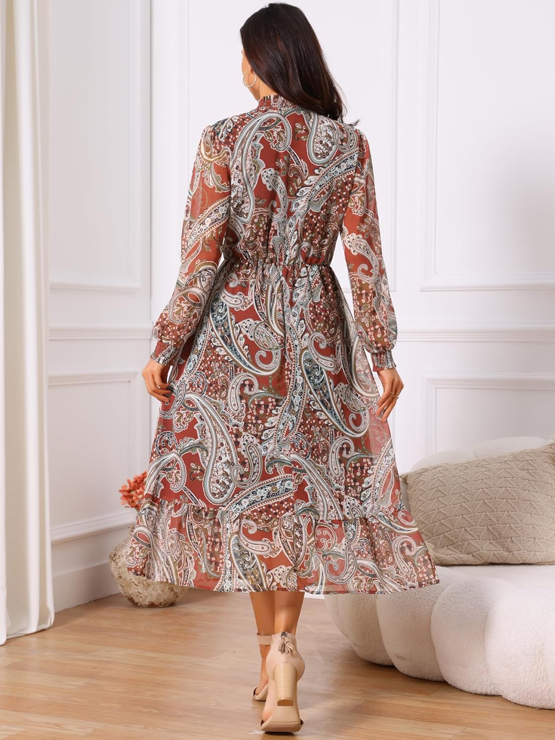 Seta T Women's Boho Dresses V Neck Long Sleeve Smocked Cuff A-Line Floral Tiered Flowy Fall Midi Dresses