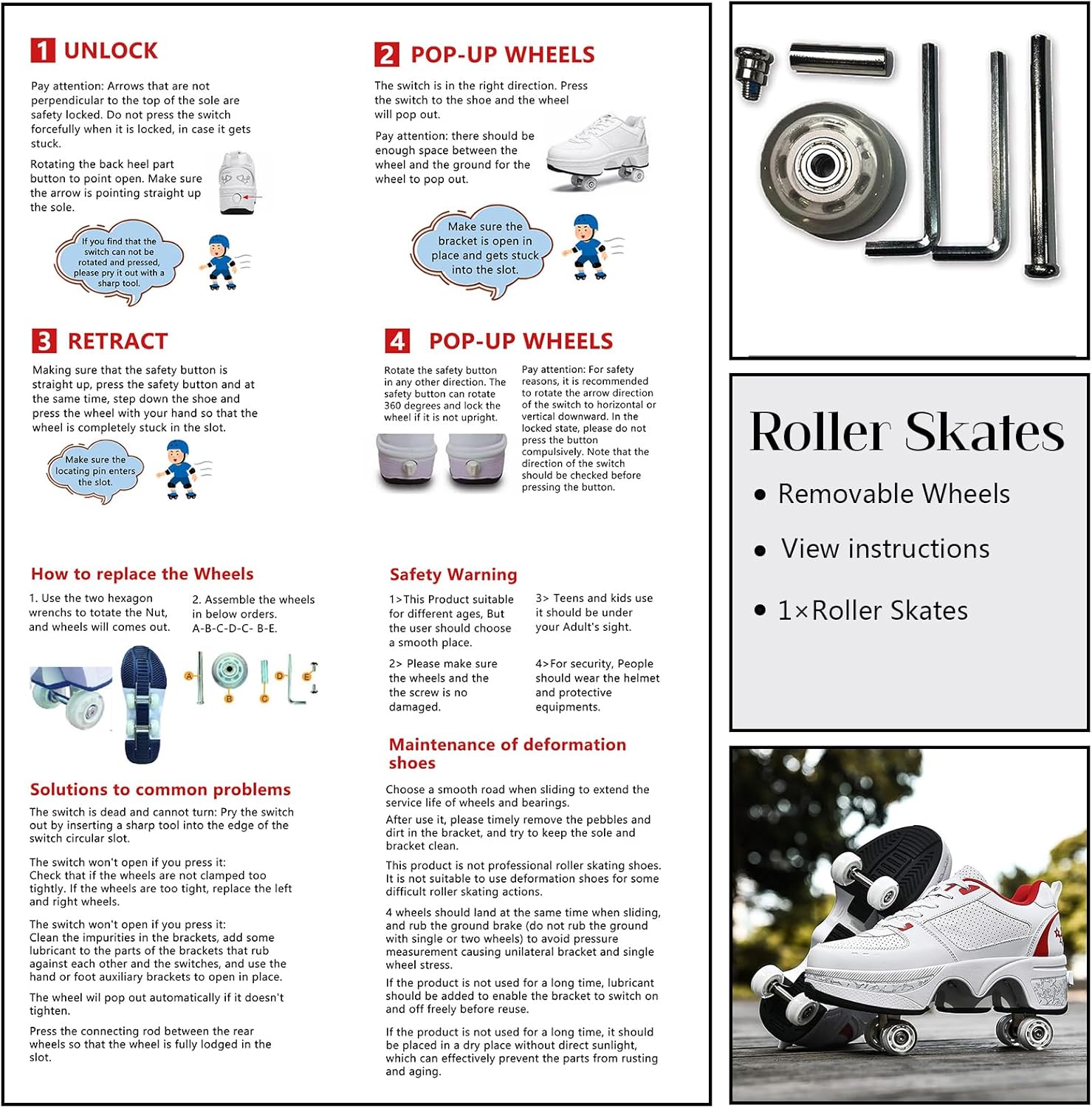 Roller Skate Shoes for Men Women, 2-in-1 Double-Row Deform Wheel Roller Skates, Boy Girl Sneakers with Removable Wheels, Indoor Outdoor Skates Shoes