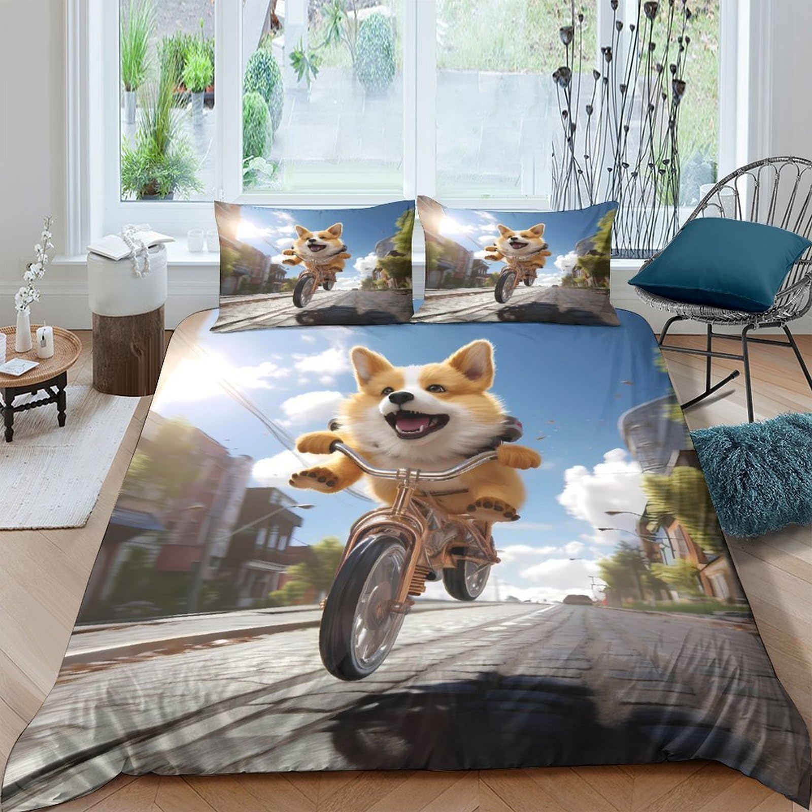 Ctjqhvkz Style-8 3D Printed Corgi Bicycle Fitted Sheet Microfiber Soft Breathable Dog Ride Bed Cover For Bedroom Dorm Decor Mattress Protection Single（135X200cm）