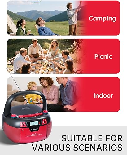 Miniatura 8 de Boombox - Reproductor de CD con Bluetooth y reproductor de cassette, radio AMFM portátil, entrada MP3USBAUX, sistema de sonido estéreo con