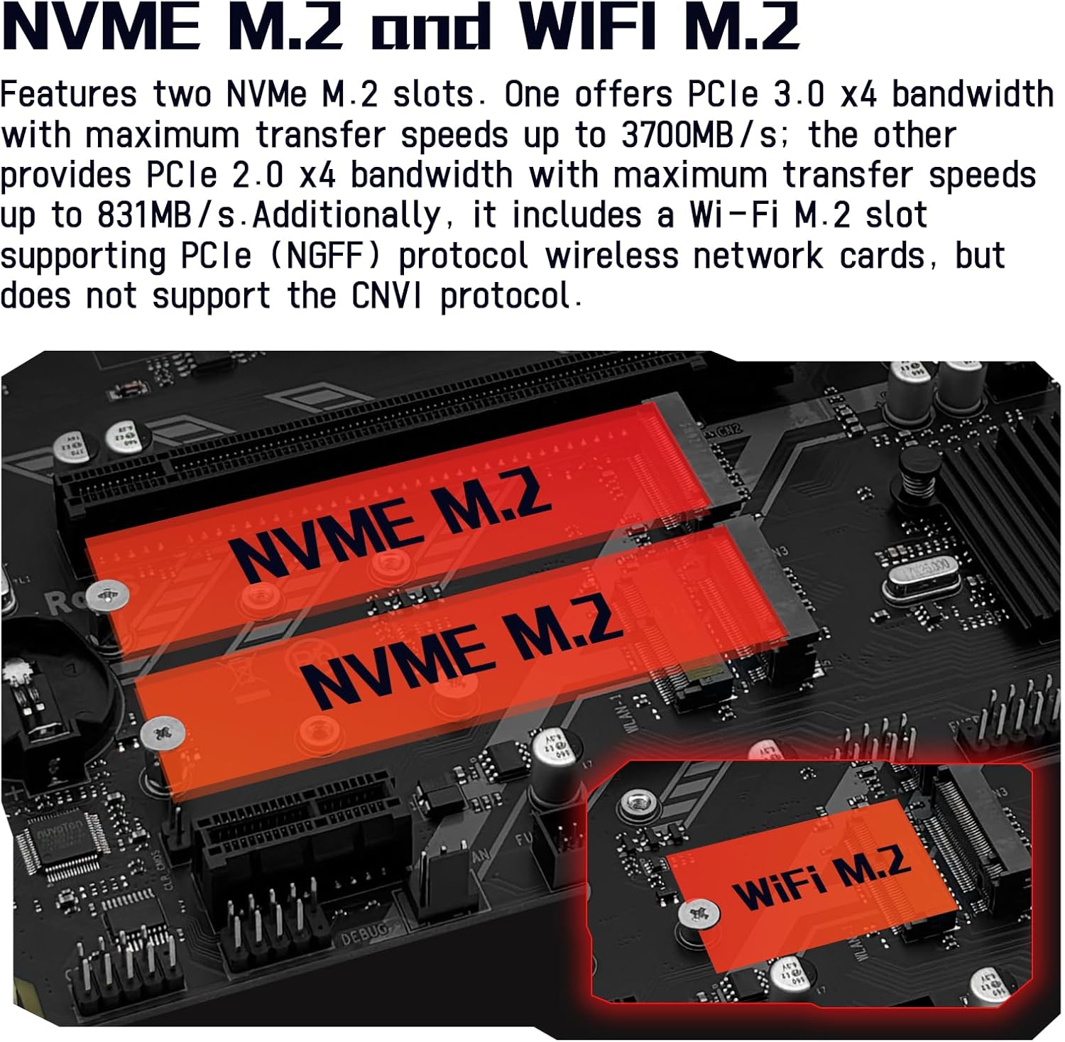 Close-up of NVMe M.2 and WiFi M.2 slots on the motherboard
