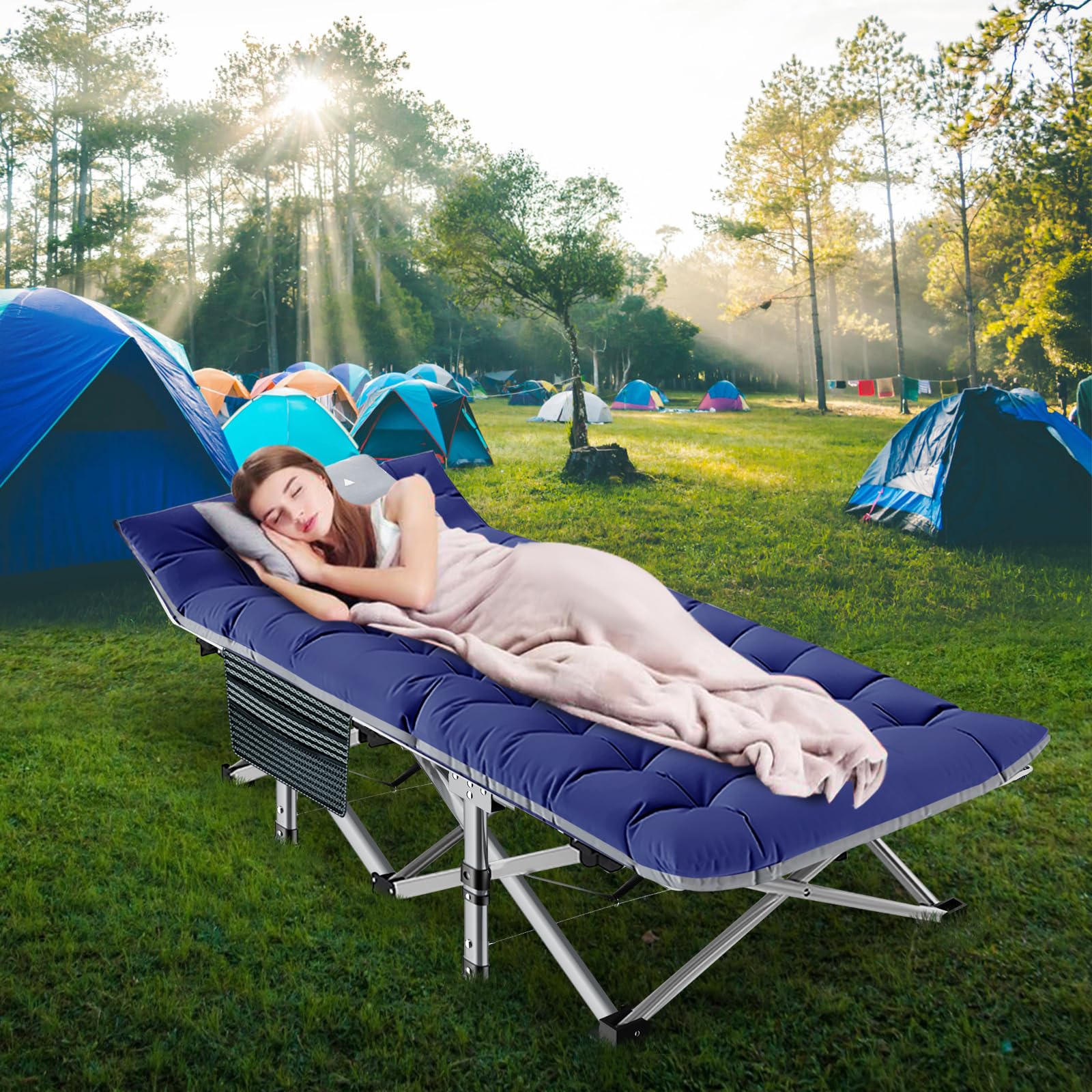 SUNYRISY Camas de camping para adultos, cama plegable resistente para campamento al aire libre con colchón acogedor extraíble, cama de invitados portátil de viaje de gran tamaño de 71 cm, soporta 200