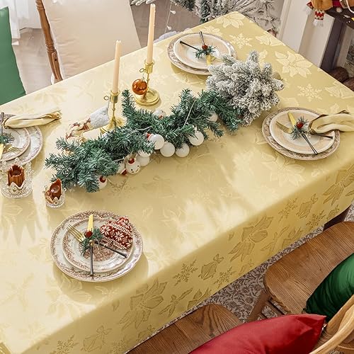 Miniatura 6 de Softalker Mantel rectangular de jacquard de Navidad con flor roja, impermeable, resistente a las manchas, de poliéster, flor de pascua, vintage,