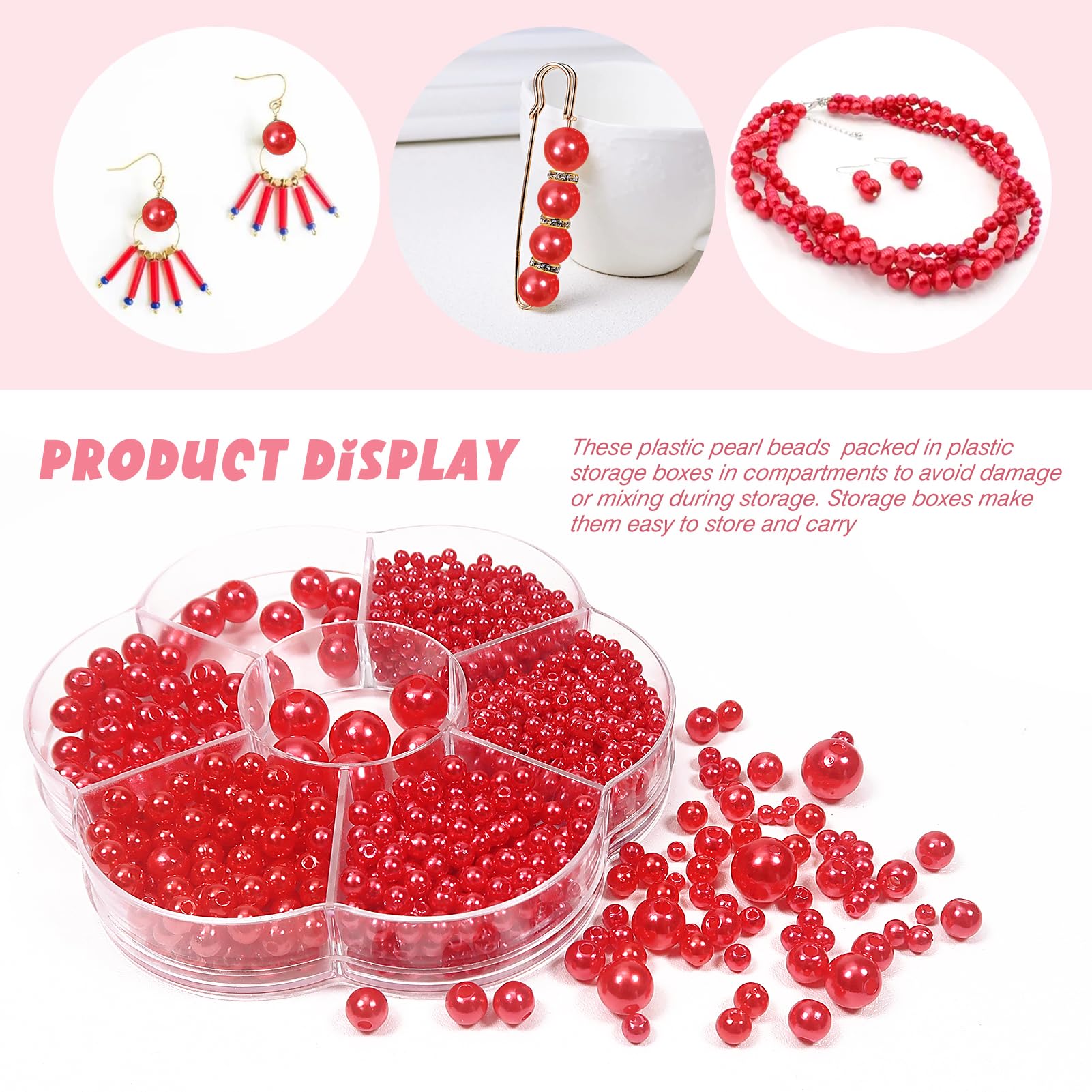 TOAOB 1248pcs Pearl Beads Red Round Loose Imitation Pearls Acrylic Beads 3mm 4mm 5mm 6mm 8mm 10mm for Craft Decoration Jewellery Making - Image 3