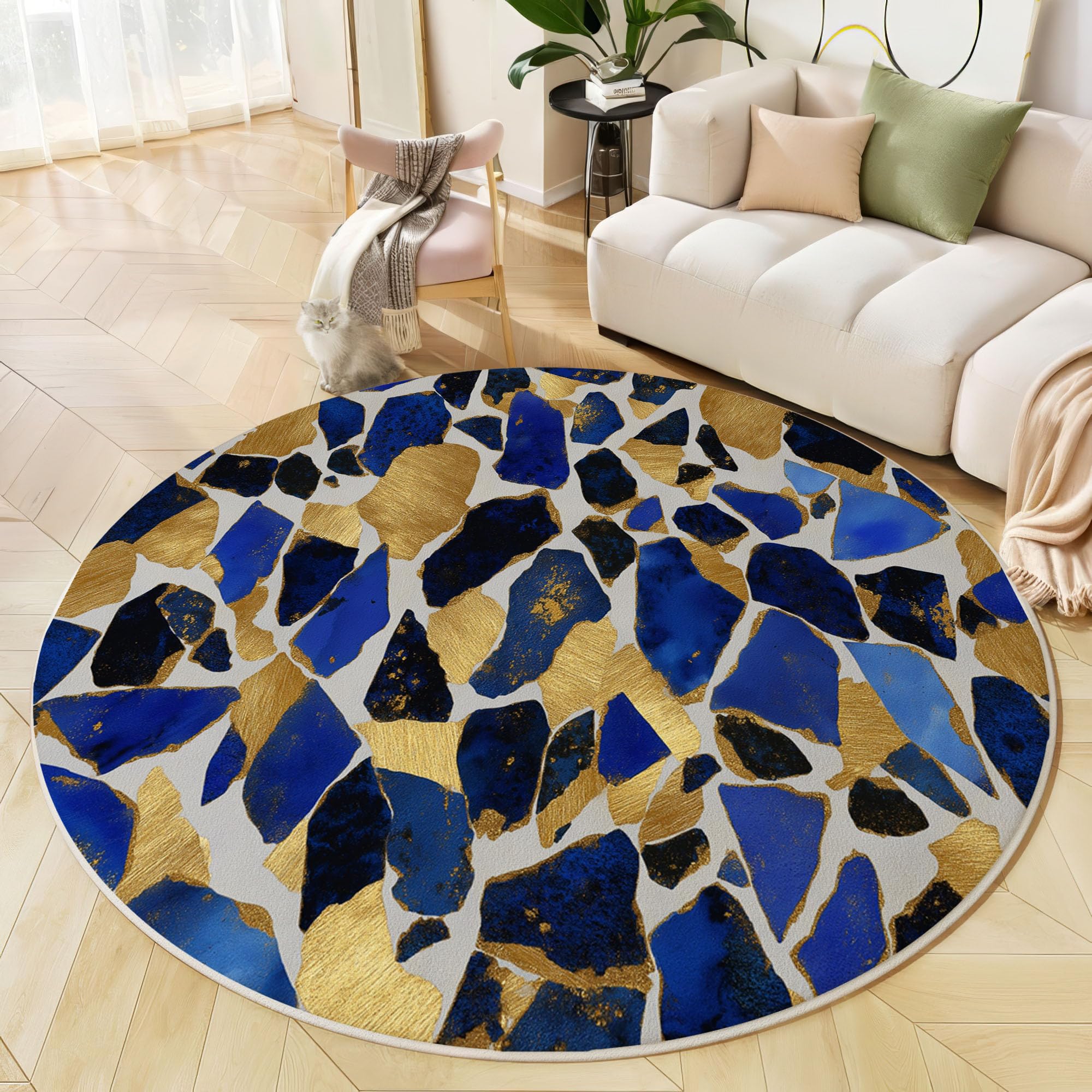 Tapis rond haut de gamme or et bleu marine 120 cm au design moderne en verre brisé