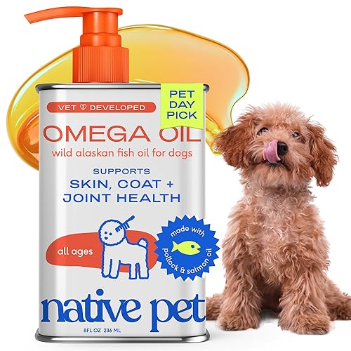 Native Pet Omega 3 Fish Oil for Dogs & Cats - Promotes Healthy Skin, Shiny Coat, & Strong Joints - Made with Wild Alaskan Salmon Oil for Dogs – Tasty, Fast-Absorbing Omega 3 6 9 Liquid Supplement- 8oz - Omega Oil - 8 oz
