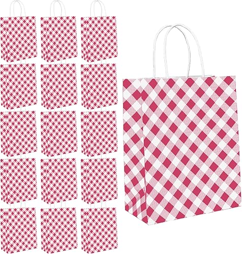 Miniatura 8 de ECOHOLA Bolsas de regalo pequeñas de guingán de 4 colores, 16 bolsas de papel kraft para recuerdos de fiesta a granel, bolsas de golosinas con asas