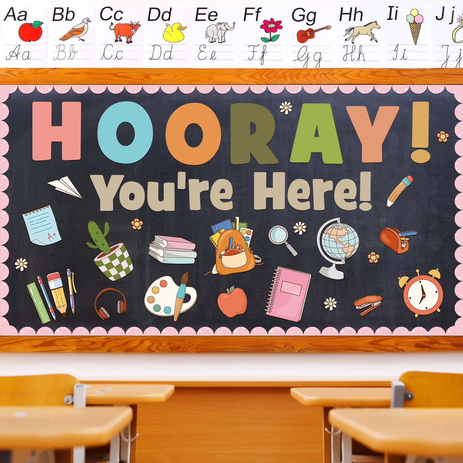 Mooliwe 67 Pcs Back to School Bulletin Board Hooray You're Here Decoration Set Retro Groovy Cutouts for Elementary Preschool Back to School Wall